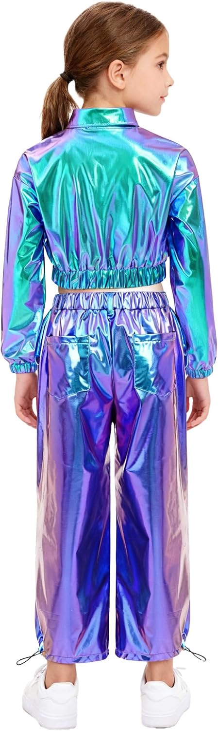 Oyolan Kids Boys Girls Metallic Long Sleeve Disco Party Jacket Coat Hip Hop Bomber Outwear and Pants Set Tracksuit Blue 14 Years