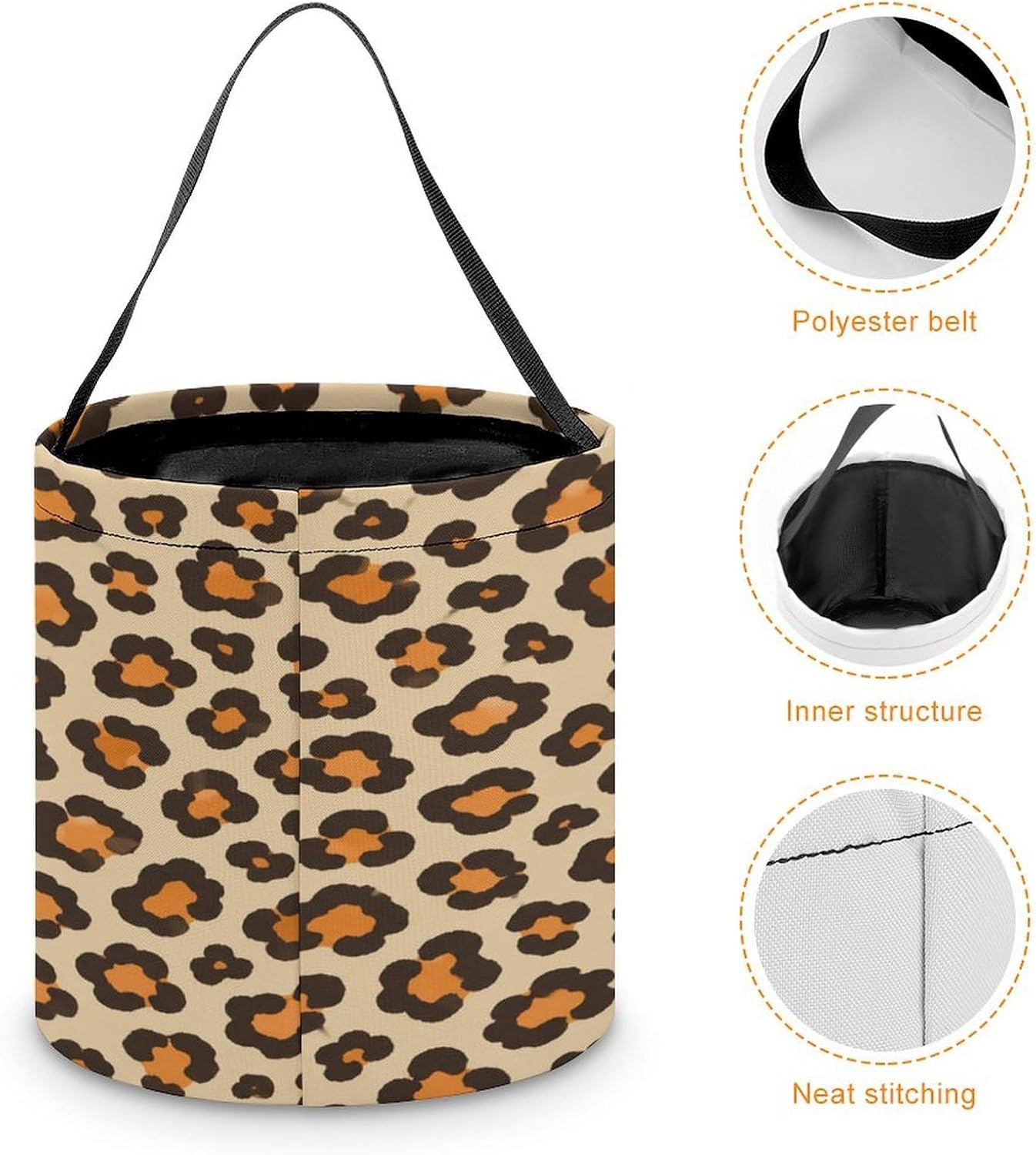 Orange Leopard Print Halloween Trick Or Treat Bucket Candy Tote Hand‑held Pouch for Cosplay Theme Party Gift Storage image 4