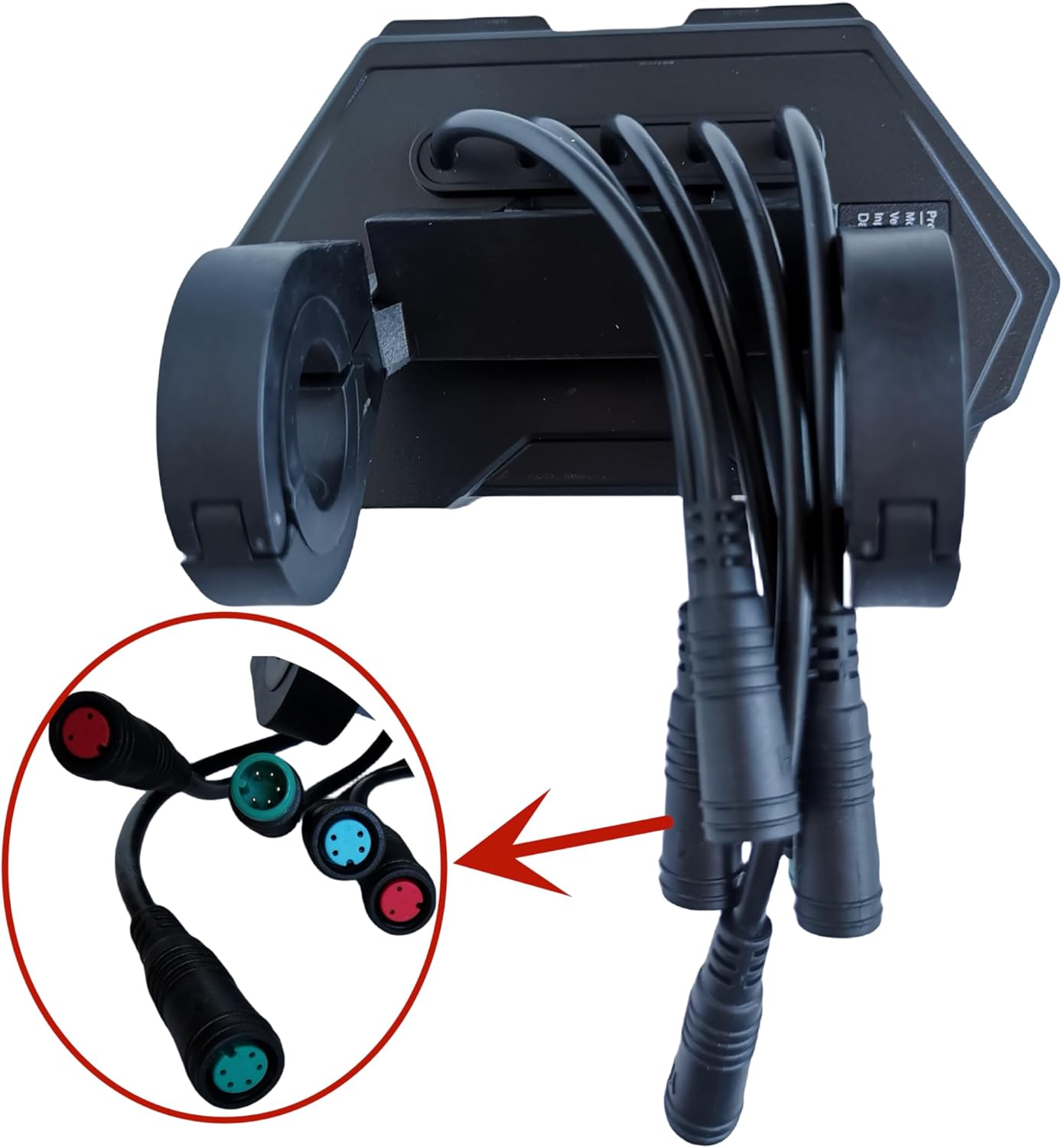 Another view of the display's back with cables, and a circled inset highlighting the distinct types of connectors.