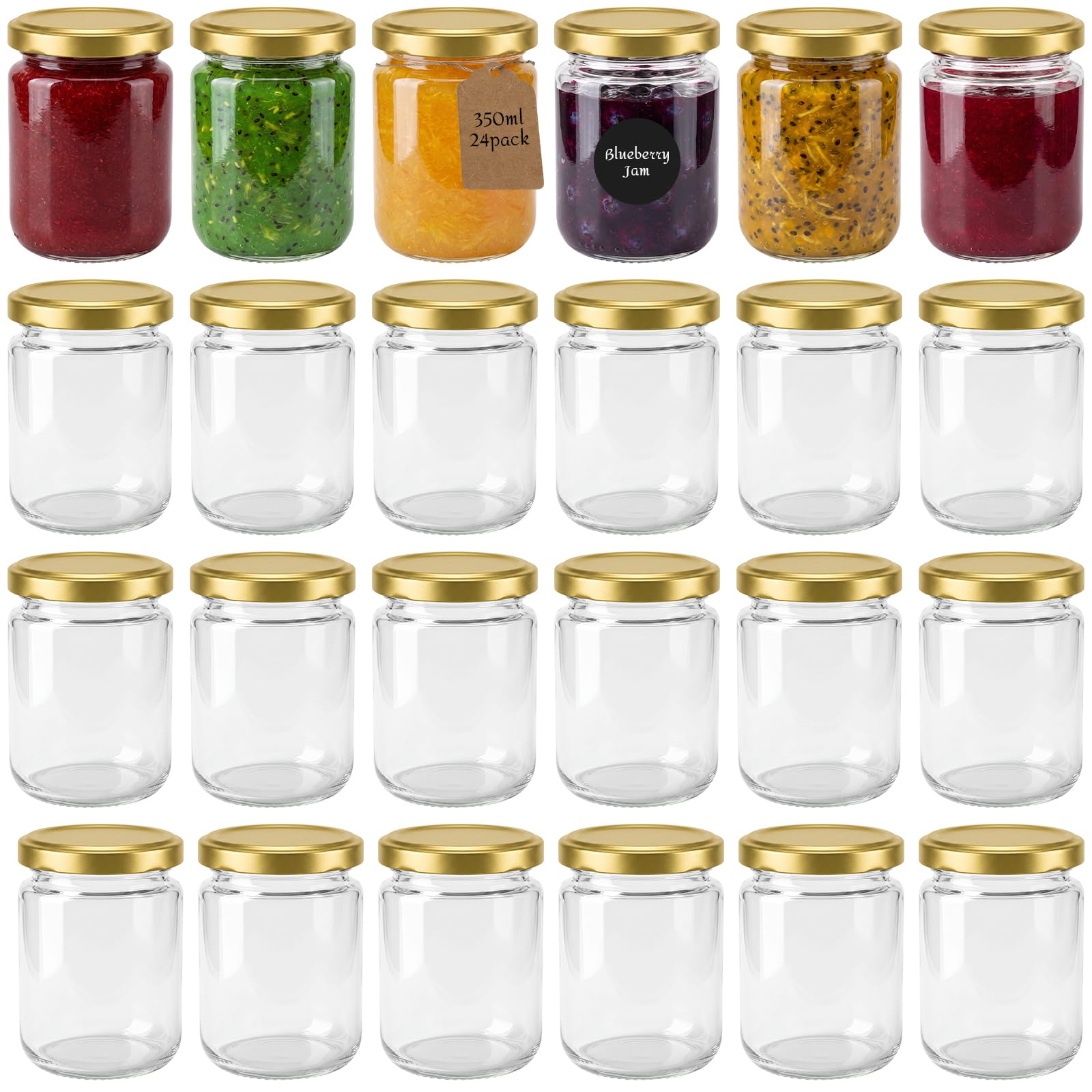Tarros de mermelada redondos de 350 ml con tapa dorada, juego de 24