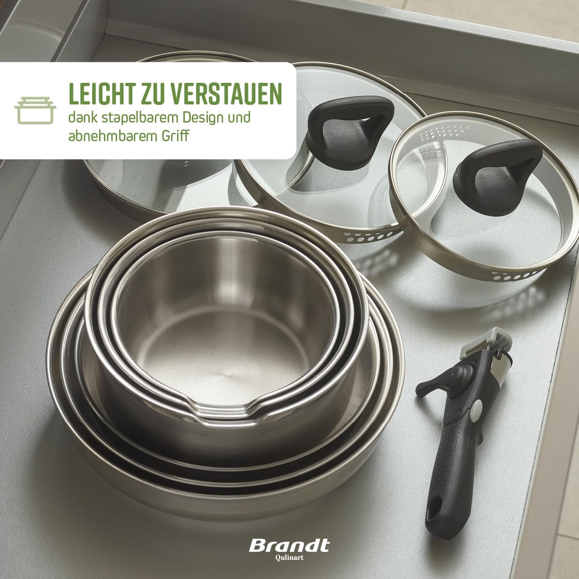 Qulinart by Brandt, 10-teiliges Kochgeschirrset - Edelstahl, 3 Kochtöpfe + 3 Siebdeckel mit Edelstahlgriff Ø 16/18/20 cm + 3 Bratpfannen 20/24/26 cm