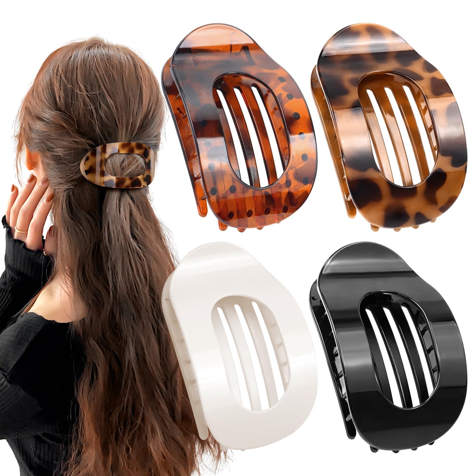 Tumurup Haarklammer Flach – 4 Stück Flache Haarspangen Damen Große – Leicht, Rutschfest & Stilvoll, Perfekt Französische Flat Claw Clip für Dickes oder Dünnes Haar, Alltag, Sport oder Fahren(Leopard)