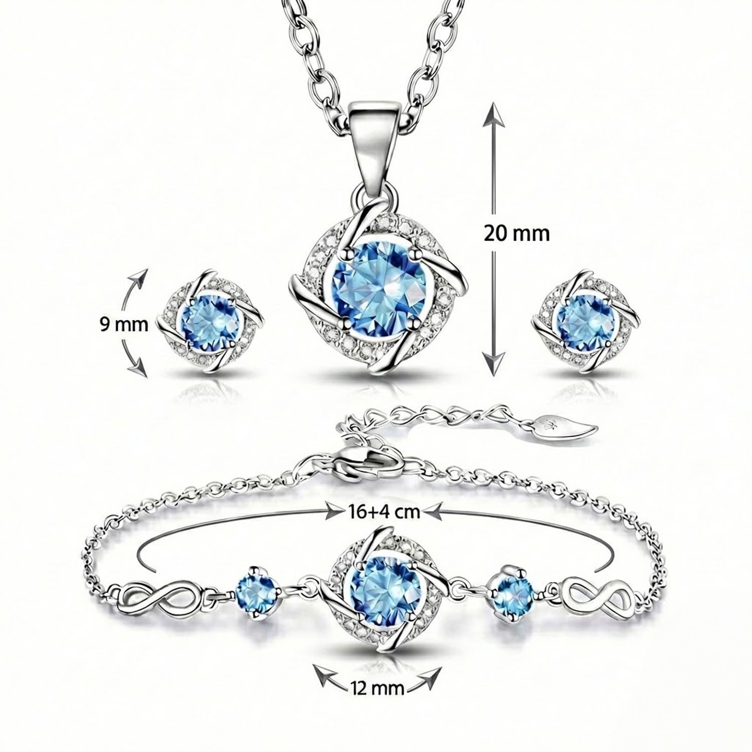 Schmuckset Damen 925 Silber mit Zirkonia, Infinity Unendlichkeit Halskette Armband und Ohrstecker Set, Kette mit Anhänger Schmuck Geschenke für Frauen