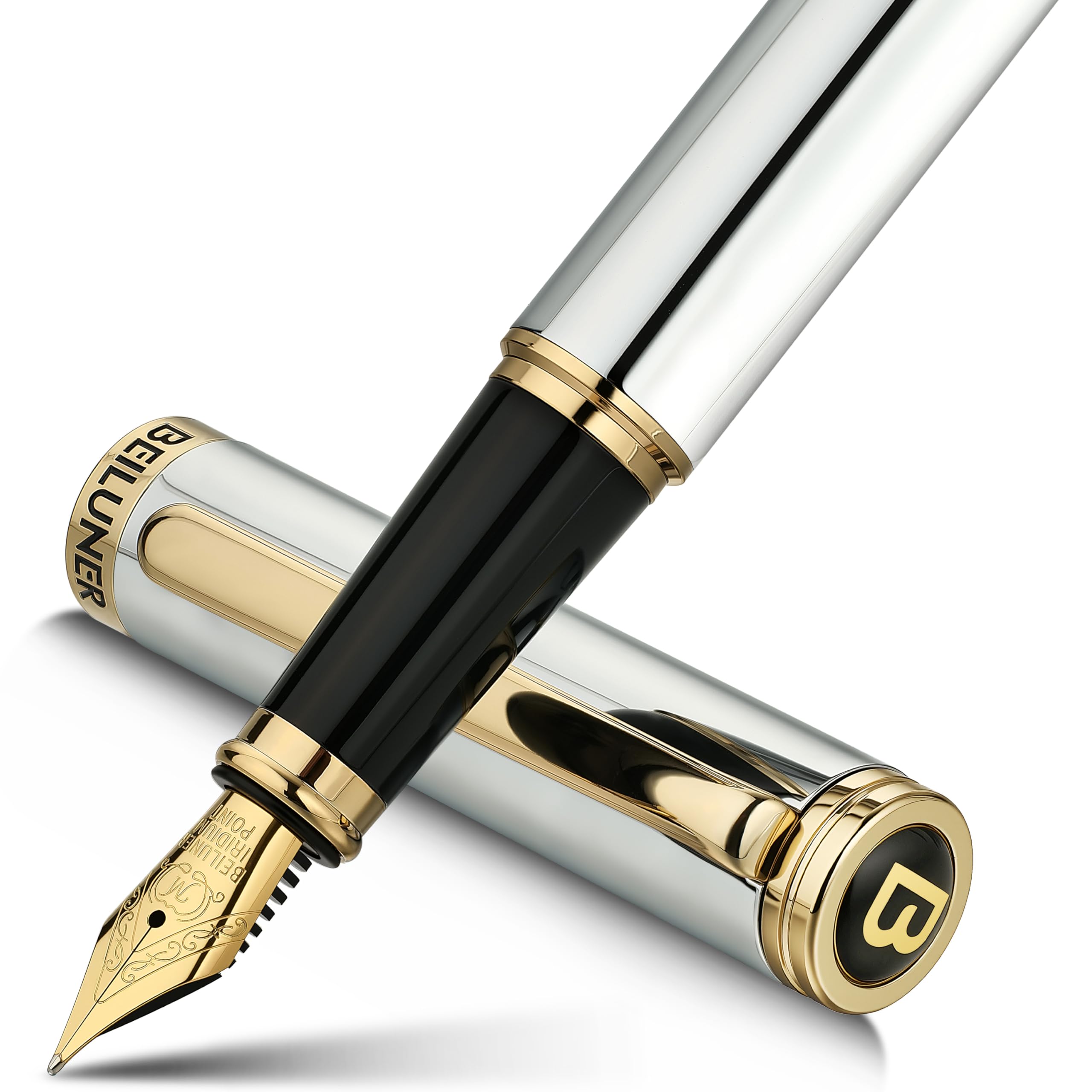 BEILUNER Silver Chrome Fountain Pen Stunning Luxury with 24K Gold Accents Gorgeous 24K Gilded Nib Medium Fancy Pen
