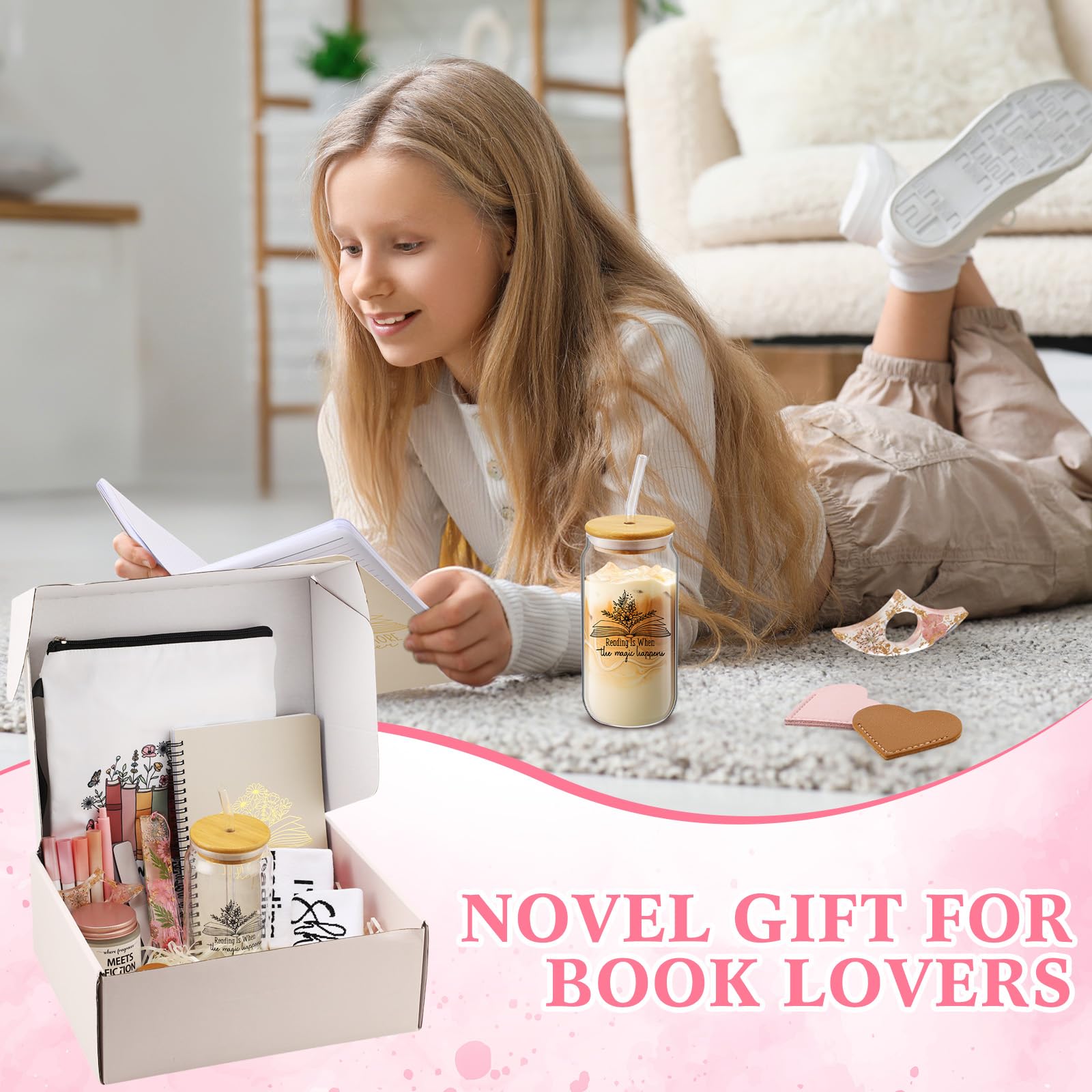 11 pezzi Regali per gli amanti dei libri per le donne Book Club Accessori regalo Tazza di Vetro Tazza Notebook Penne Candela Calzini Segnalibri per Natale Compleanno Lettori Bookish Bookworms