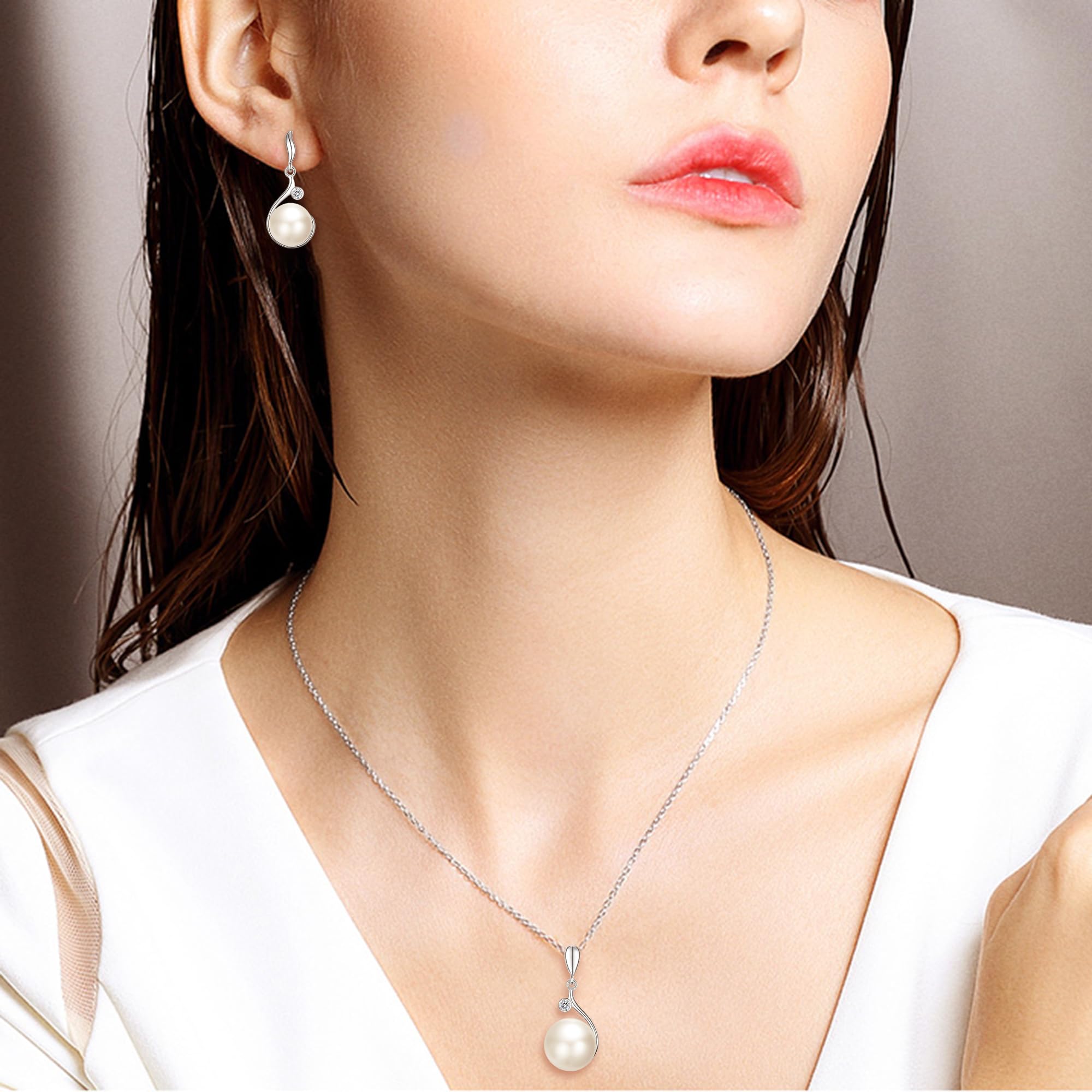 Conjunto de colgante y pendientes de plata de ley 925 CZ AAA con perlas cultivadas en agua dulce, de la marca Ever Faith