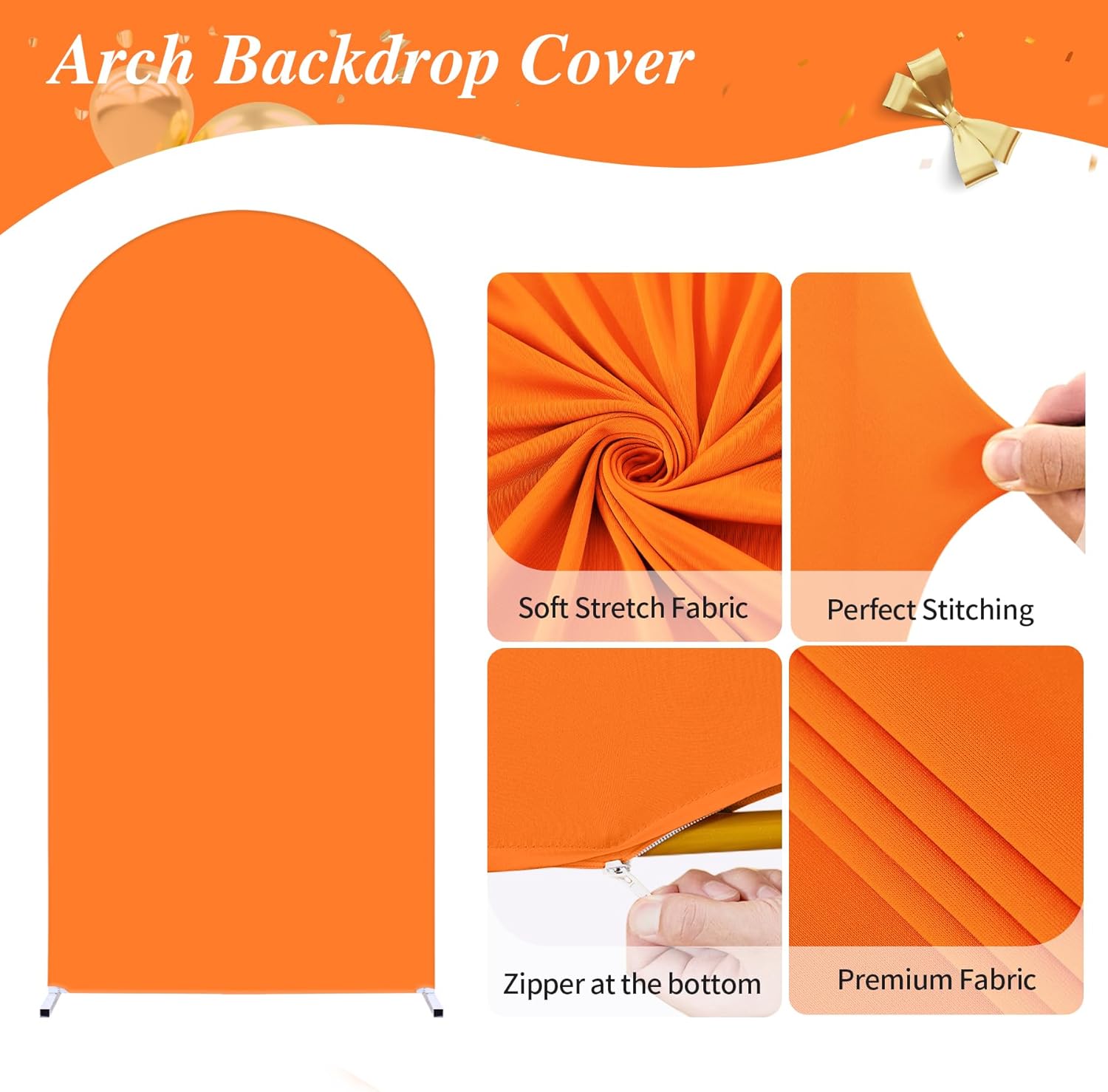 7.2FT Orange Arch Backdrop Cover,Spandex Fitted Wedding Arch Stand Covers Round Top Chiara Arch Covers Stretchy Backdrop for Birthday Party Ceremony Banquet Decoration - Image 2