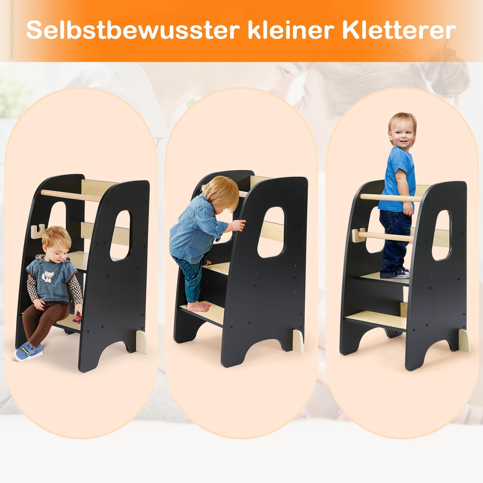 Lernturm ab 1 Jahr, 3 Stufen Höhenverstellbarer Lernturm, Sicher & Stabil, Montessori Küchenhelfer und Learning Tower, Stylisch Kippschutz Höchste Sicherheit (Schwarz)
