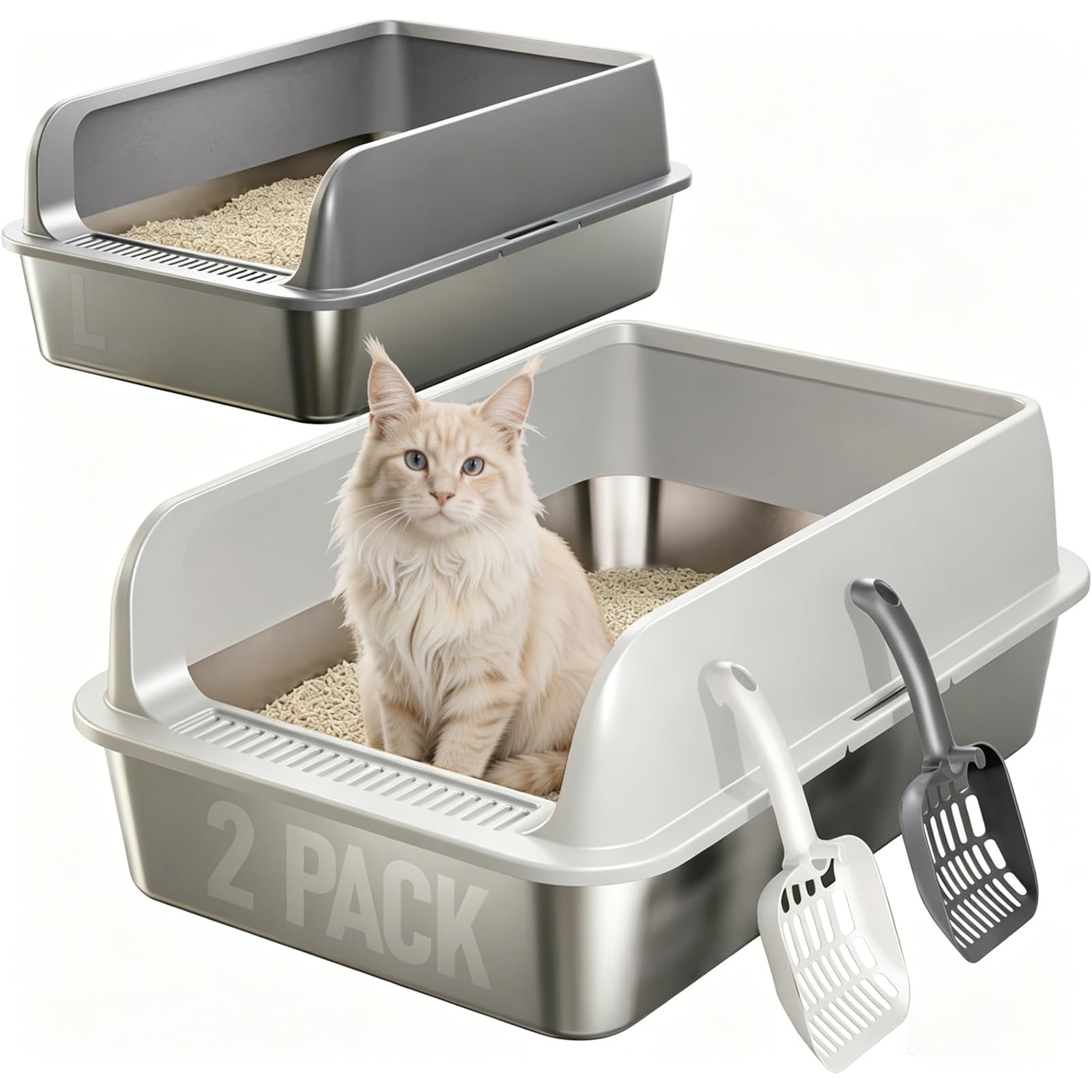 Set di 2 lettiere per gatti in acciaio inox, grande lettiera in acciaio inox, con bordo alto, per gatto, 60 x 40 x 20 cm, pala per gatti (L)