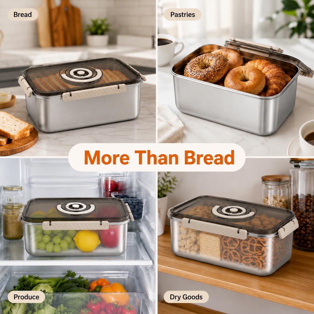 Bread Box for Homemade Bread Storage, 5800ml 304 Stainless Steel Bread Container, Airtight Storage Bin with Sealing Buckles, Time Recording Dial and Handle for Sourdough Bagels and Pantry