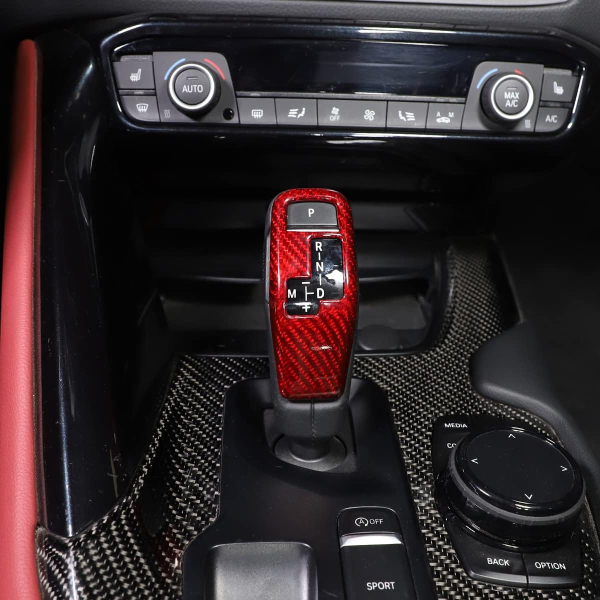 Real Carbon Fiber Car Center Console Gear Shift Head Trim Cover Panel Car Interior Accessories for Toyota GR Supra A90 2019-2022 (Handle Front Cover - RedRed)