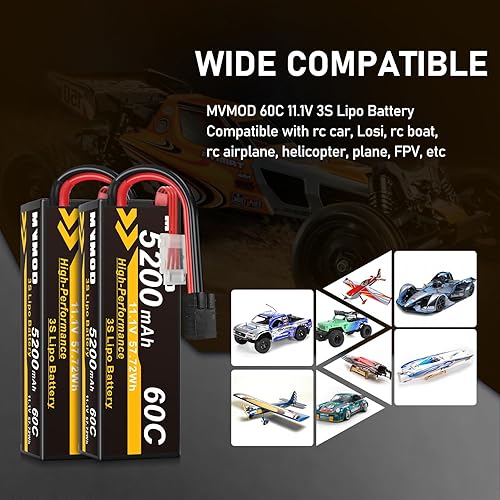 Miniatura 3 de Batería LiPo de 11.1 V 3S, 2 paquetes, 5200 mAh 60C RC Lipo Baterías Duro con Enchufe TR, Batería RC para Rc Car Rc Truck Avión Helicóptero Barco
