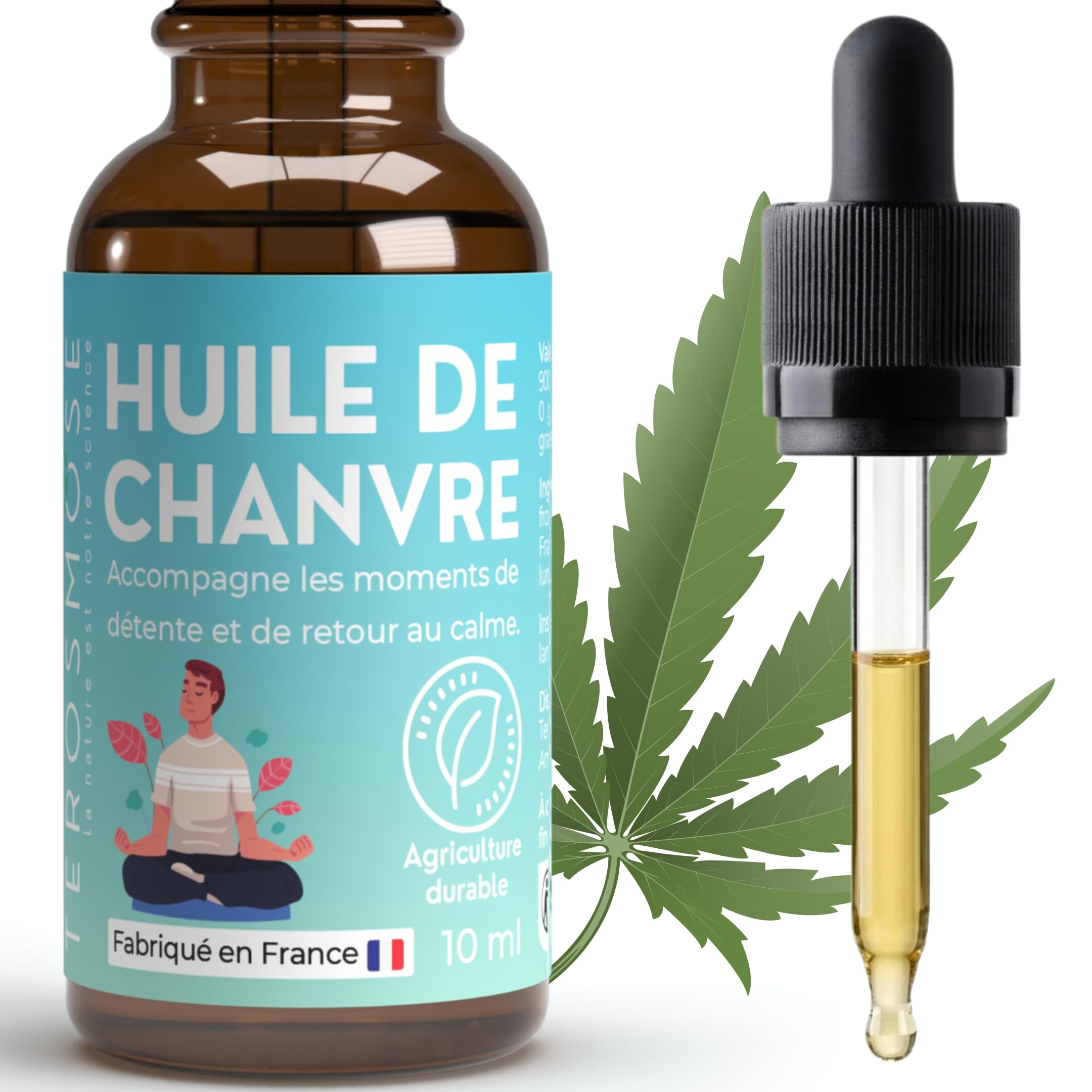 Huile de Chanvre Pure • 100% Cannabis Sativa L. 10 ml | Hemp Oil | avec Pipette Compte-Gouttes | Idéal pour votre rituel bien-être & détente de fin de journée | Origine France | Laboratoire Terosmose