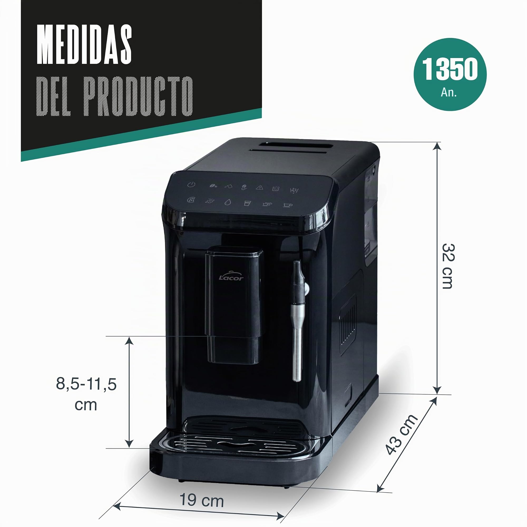 LACOR 69435 - Cafetera Automática Sabore, Café Recién Molido, Sistema | Para un café intenso en casa; ideal para el uso diario tanto en cocina profesional como en el hogar, con un acabado cuidado
