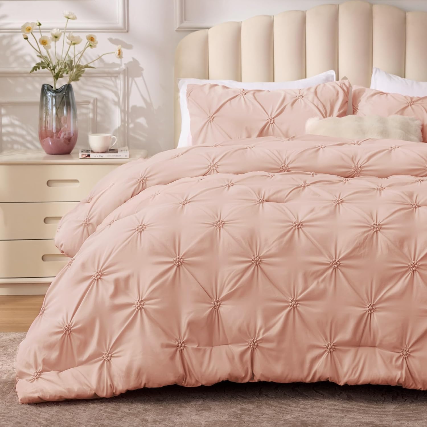 BEDELITE Dusty Pink Twin Comforter Set - 2 Peices Boho Pintuck Bedding Comforter Sets, Lightweight Soft & Warm Twin Bedding Sets with 1 Pillowcase for All Season