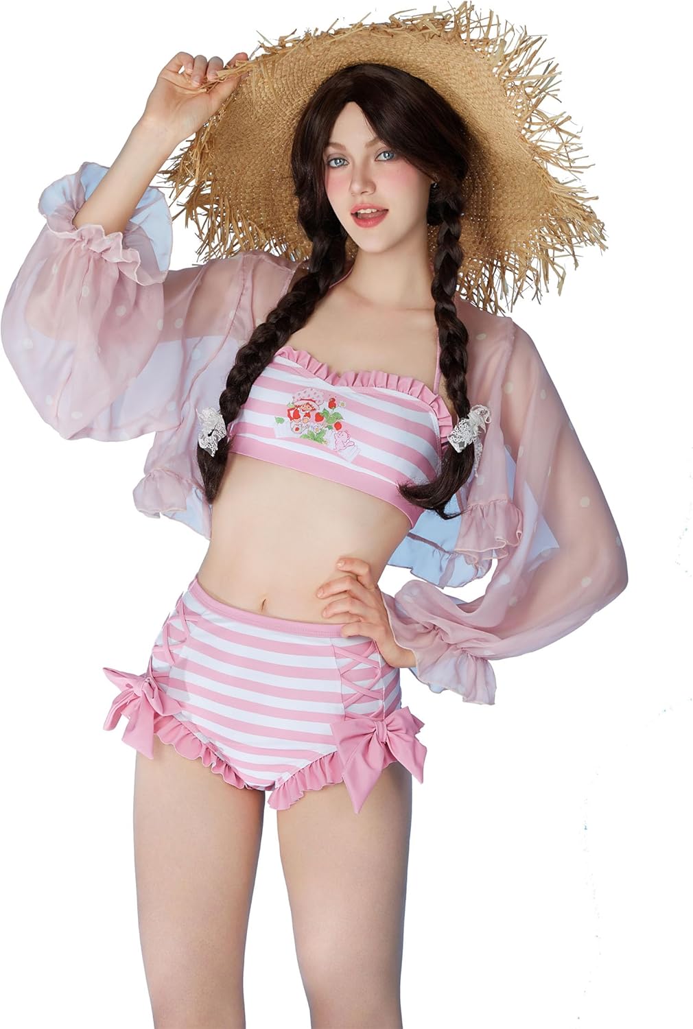 Micotaku Strawberry Shortcake Officially Licensed Women's Bikini Set Retro Pink Stripes & Sheer Polka Dot Cover-Up