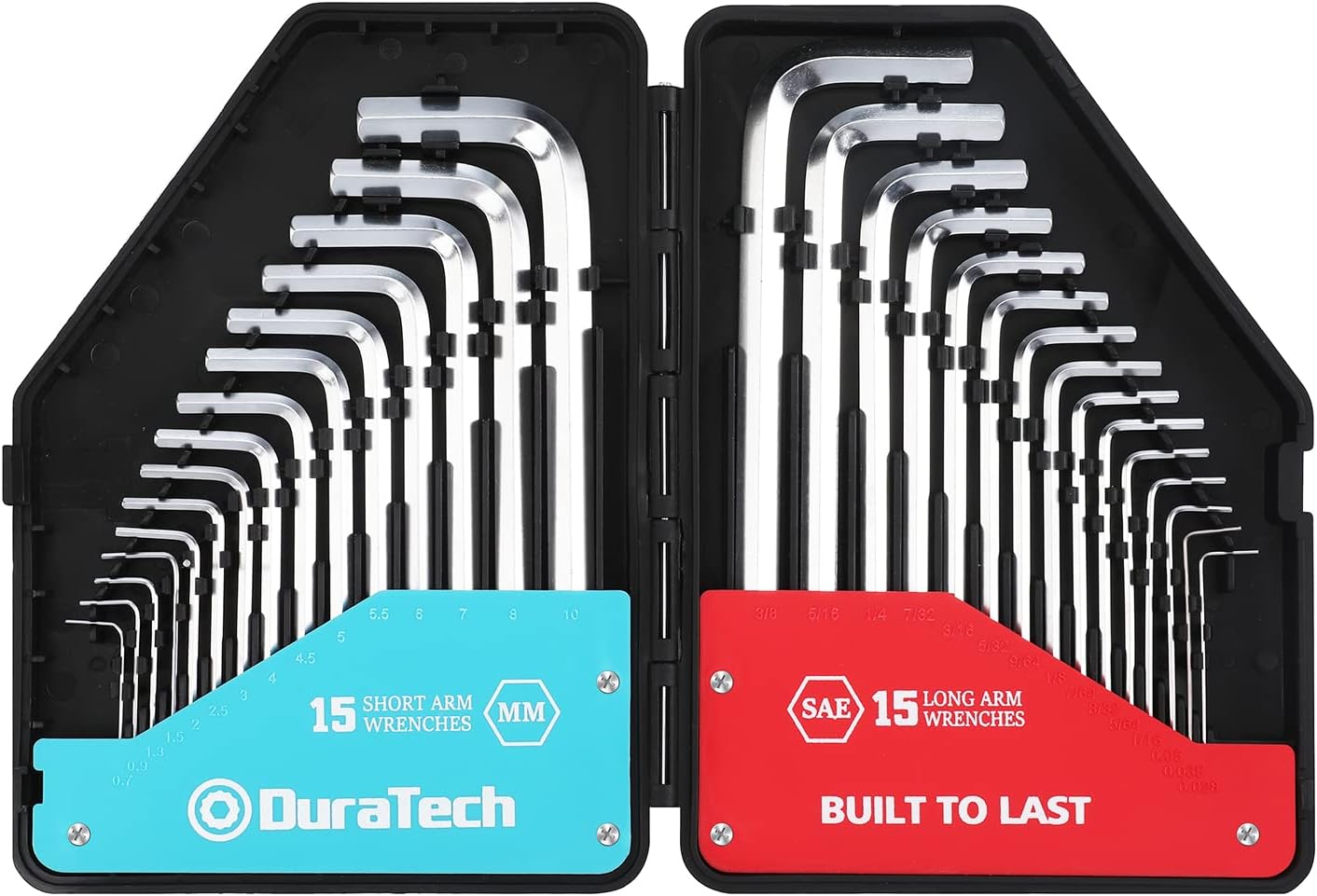 DURATECHHex Key Wrench Set, 30 Pieces Long & Short Arm Allen Hex Wrench Sets with Storage Case, Chrome Alloy Steel, SAE 0.028-3/8 in, Metric 0.7-10mm