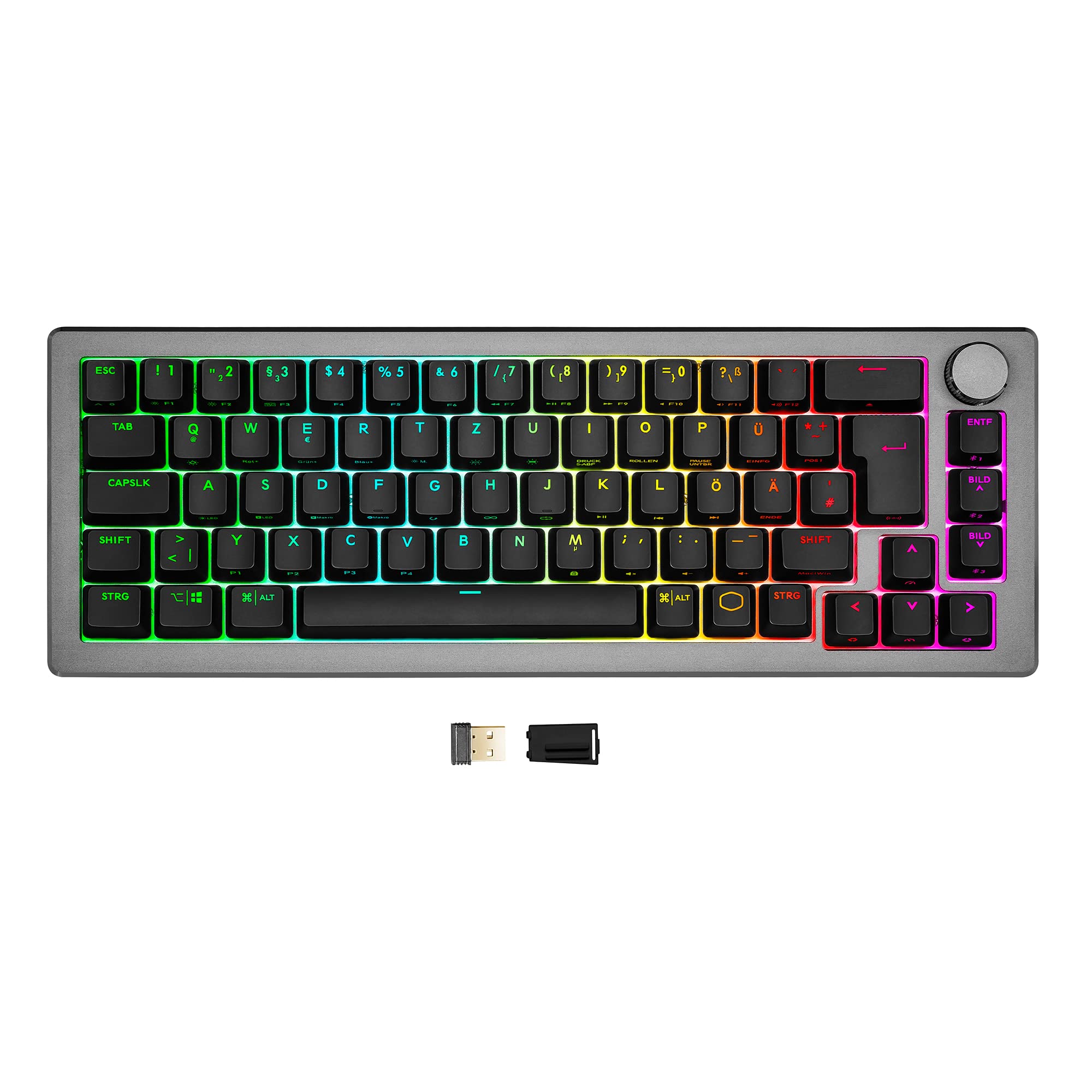 Cooler Master CK721 Mechanische Gaming Tastatur - Keyboard mit 65% Layout, Schalter-Braun, RGB-Beleuchtung, Hybrid-Wireless-Technologie, Präzisionsrad - Space Grau, DE - QWERTZ
