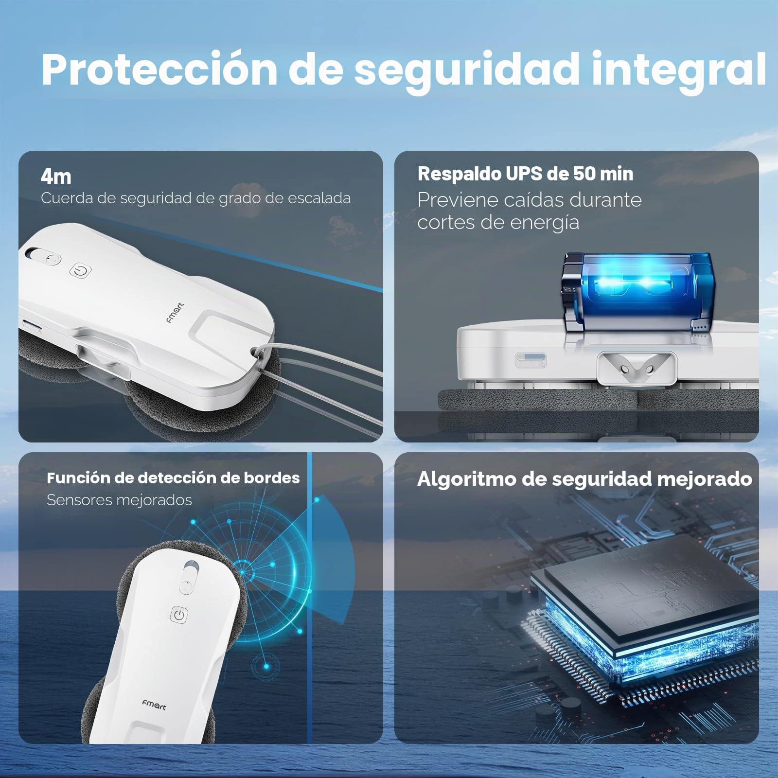 Fmart T11 Robot limpiador de ventanas, sistema cuatro vías, seguridad triple, navegación inteligente, mando a distancia