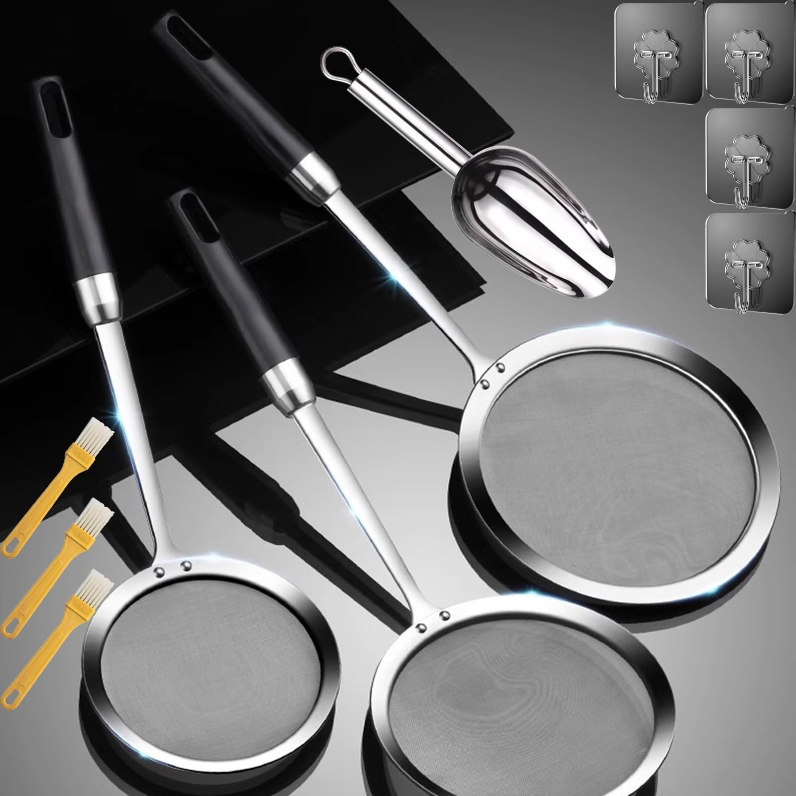 Edelstahl Sieb Set, Sieb 3er Set, 11,5/13,5/15,5 cm feinmaschiges Haushaltssieb mit verstärktem Griff zum Abseihen und Abtropfen
