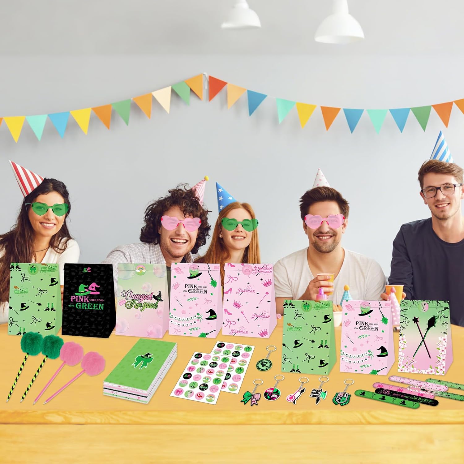 84pcs Pink and Green Witch Party Favors Birthday Decorations Pens Notepads Sunglasses Paper Gift Bag Key Chains Slap Bracelet Sticker Halloween Themed Party Supplies for Gift Party
