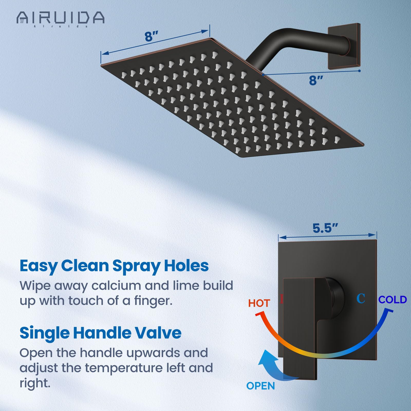 Airuida Set di rubinetto doccia doccia a pioggia per bagno, soffione quadrato da 20,3 cm, funzione unica, kit di assetto per maniglia con filettatura femmina, piastra di copertura