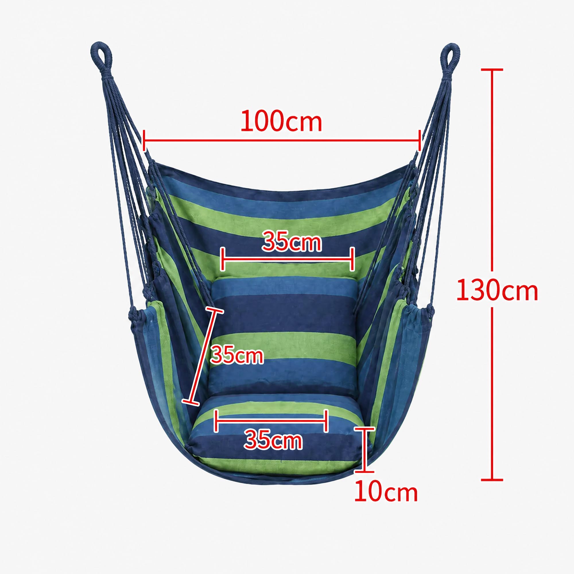 Silla hamaca colgante con 2 cojines, carga máxima de 330 libras, material de lona muy transpirable y cómodo, adecuado para muchos escenarios interiores y exteriores (azul-verde)