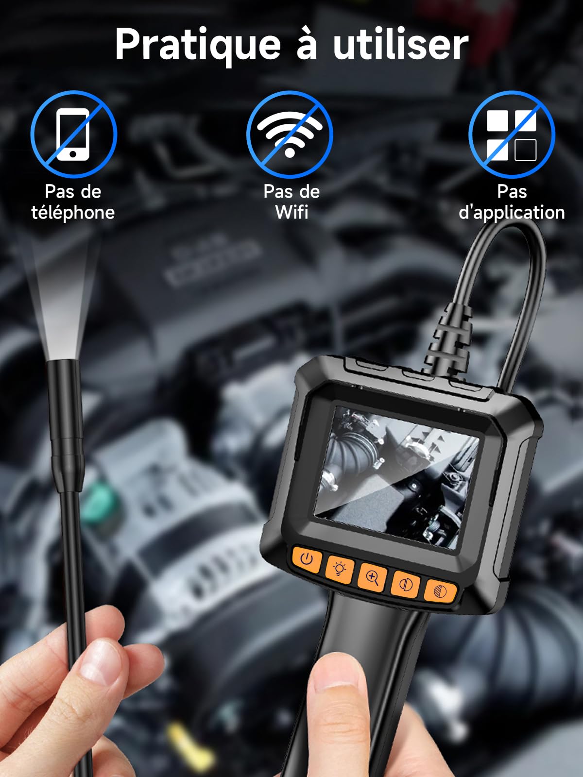 Endoscope Caméra d'inspection, Moman EOS1 Camera Endoscopique Industriel Écran IPS 2,4 Pouces 1080P HD Camera Inspection Canalisation Portatif Étanche IP67 avec 8 Lumières LED 5M Câble Semi Rigide
