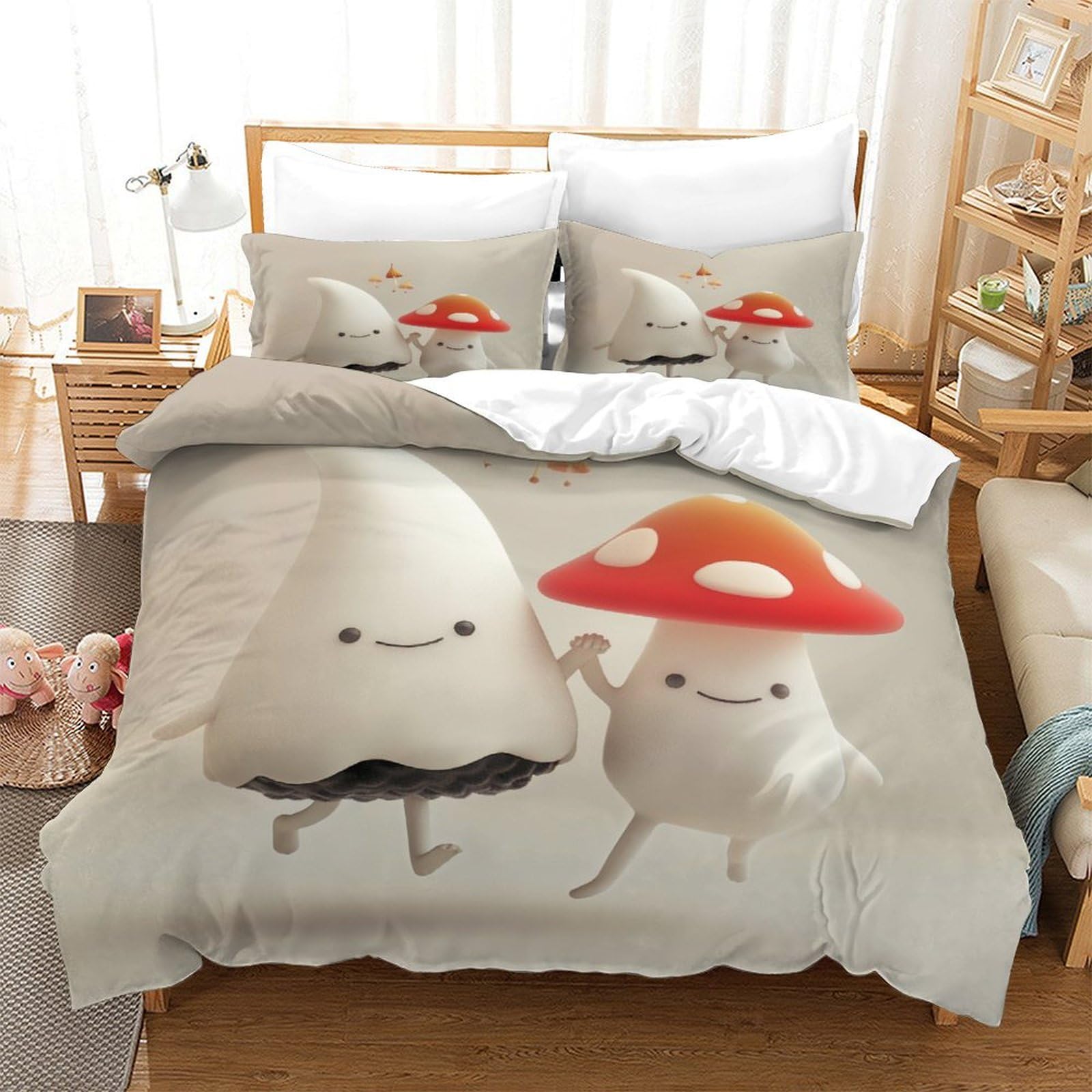 P1S9U7W5Y Playful Cartoon Mushroom 3D Printed Microfiber 3pcs Duvet Cover Set Youth Bedroom Bedding Set King（220x240cm）