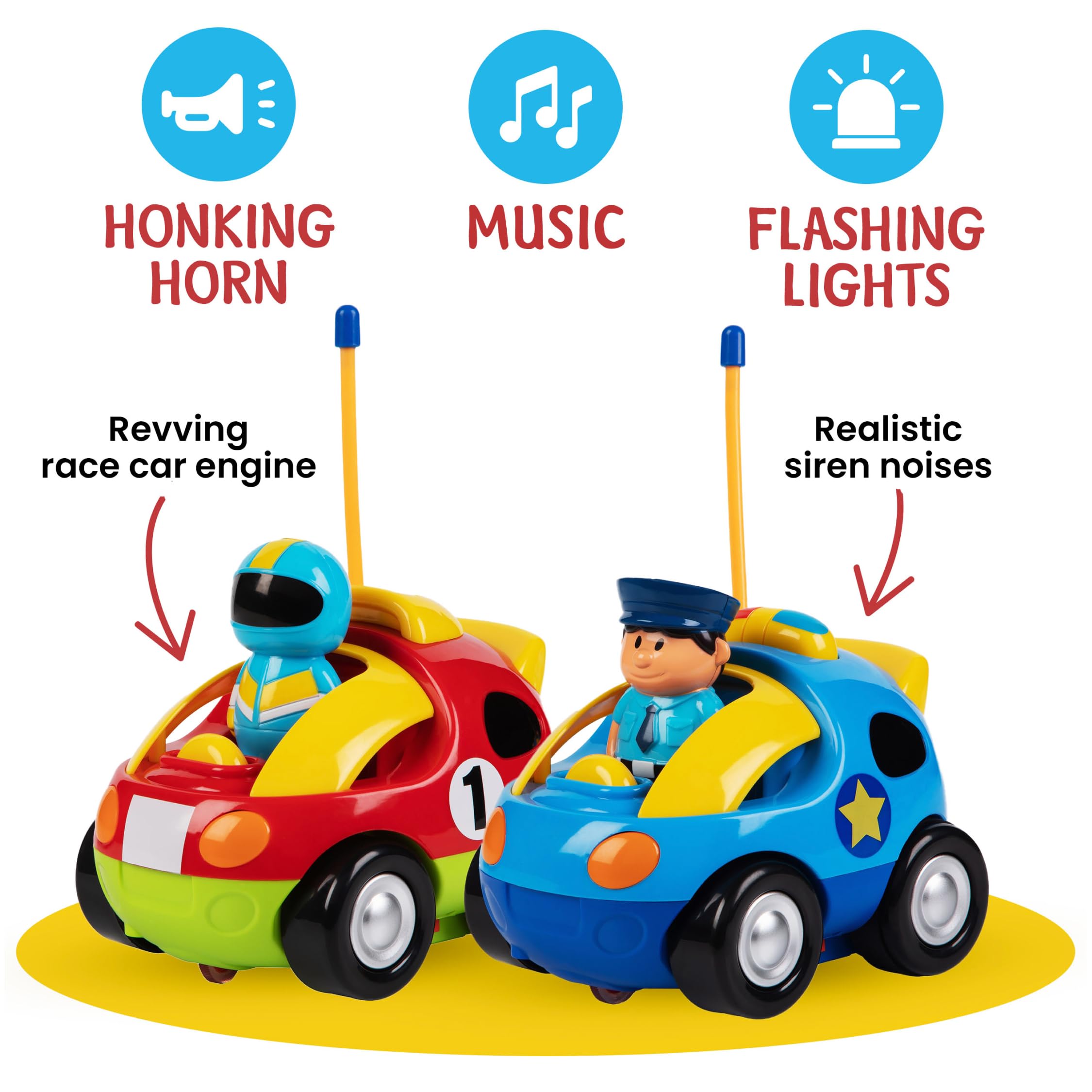 PREXTEX Cartoon Remote Control Car - 2-Pack Police and Race Car Toddler Toys - RC Cars for Kids with Different Frequencies - Easy Remote Control Toy and Thoughtful Gifts for Boys and Girls