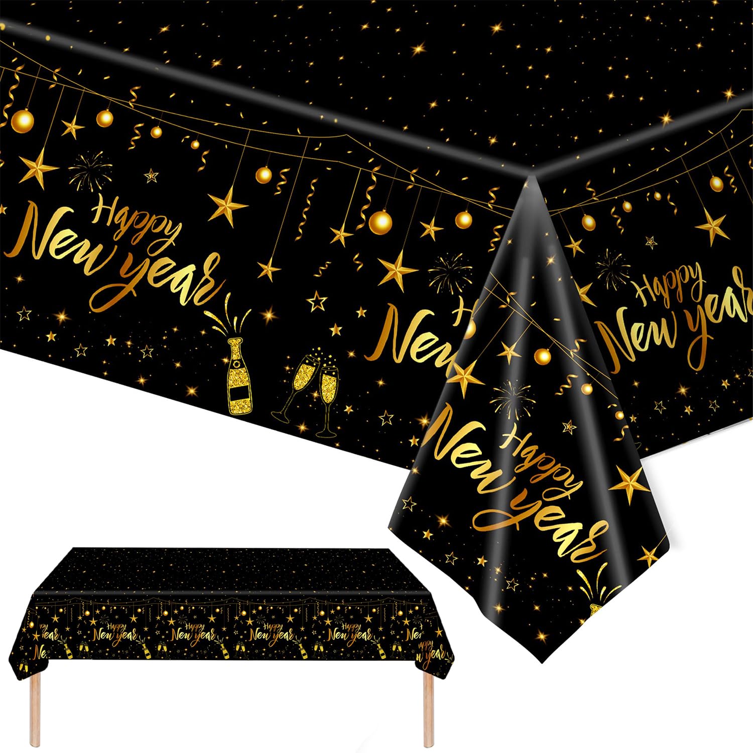 XNBTFK Happy New Year Table Cloth, 137x274cm Black and Gold Table Cloth, Plastic Disposable Waterproof Rectangular Table Cover for New Year Party Decorations