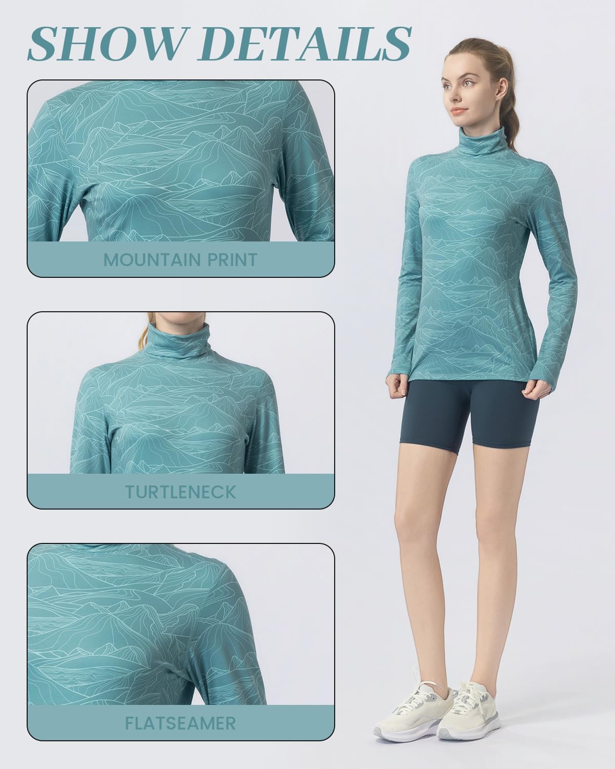 Women's Slim Fit Turtleneck Base Layer Long Sleeve Top, Mountain Print, Moisture-Wicking for Workouts & Outdoor - Image 2