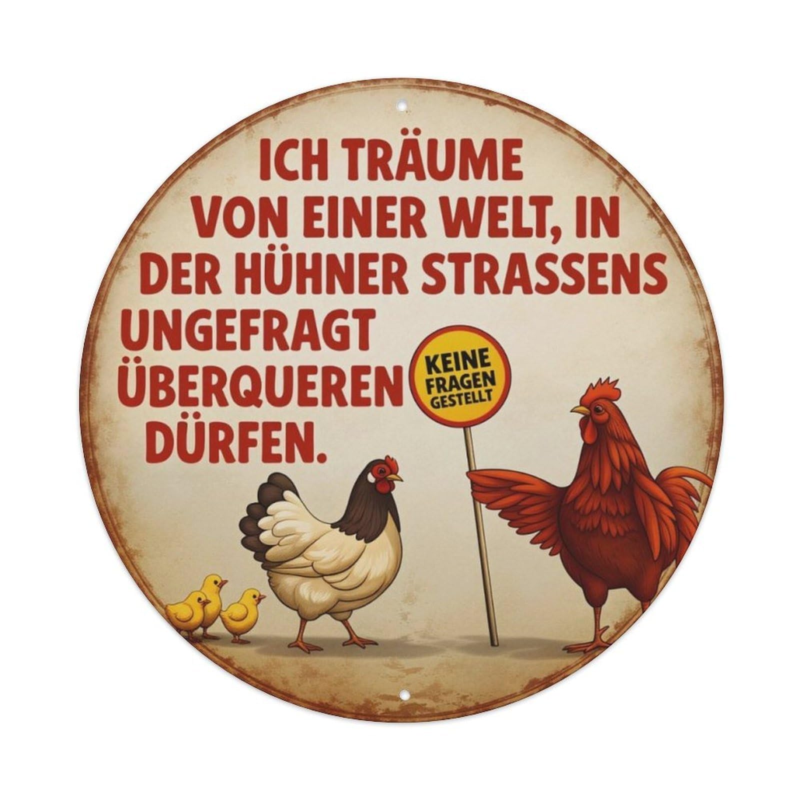 German Funny Chicken Crossing Road Vintage Round Sign Vintage Aluminium Metal Sign, Retro Wall Decor for Home, Bar, Garage & Farmhouse 20x20cm