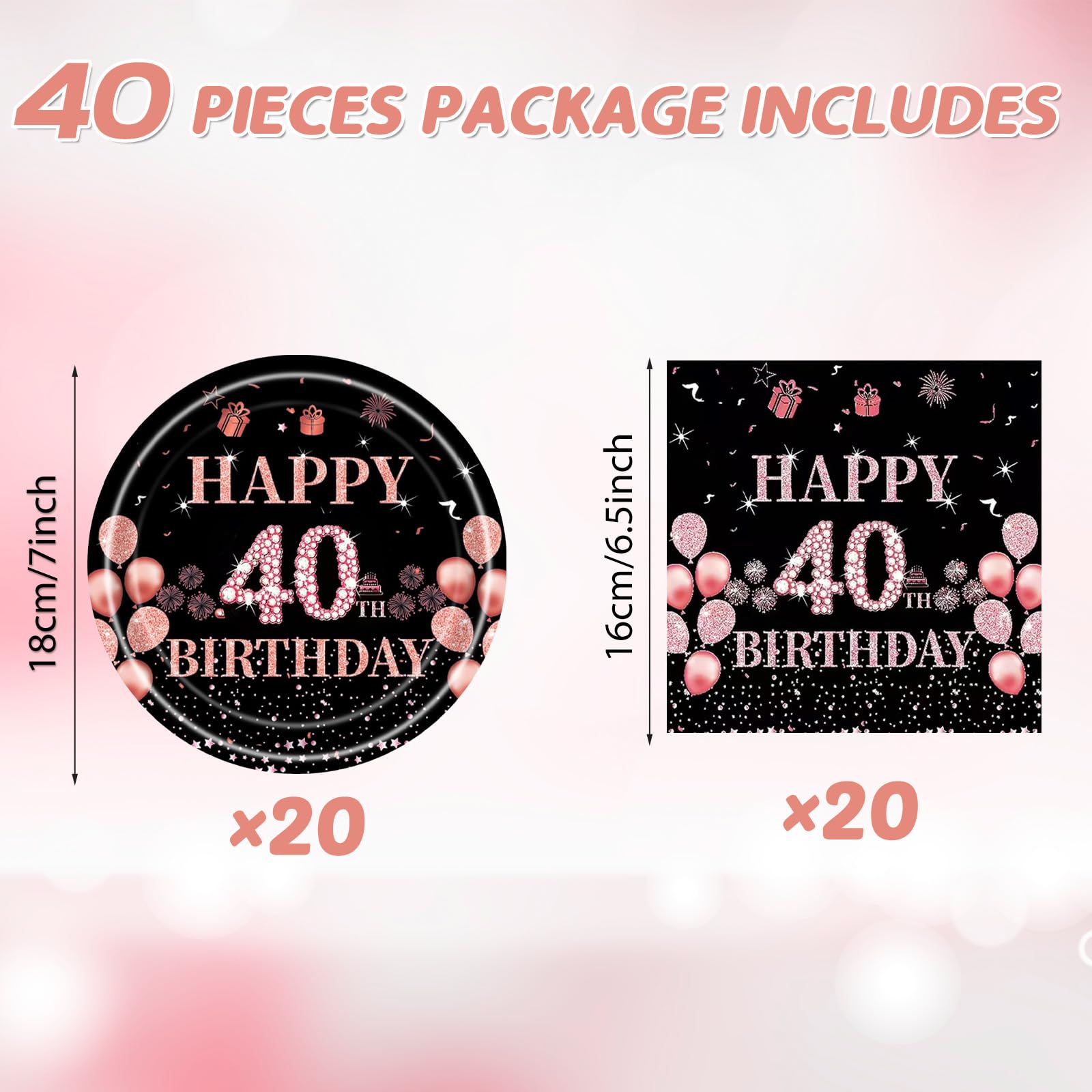 Juhap 40th Birthday Decorations for Her, 40 Years Old Birthday Decorations for Women, Rose Gold 40th Birth Supplies for 20 Guest Happy 40th Party Tableware Includes 20 Plates and 20 Napkins