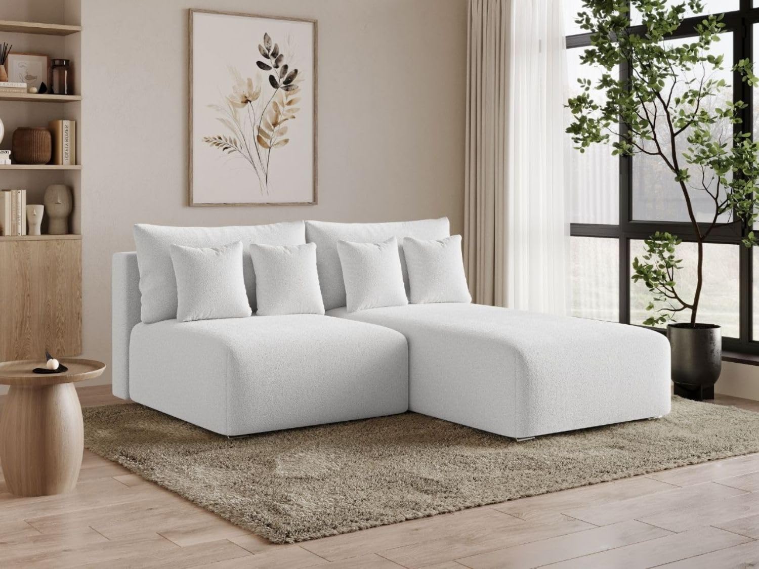GRAINGOLD Ronni L Ecksofa mit Schlaffunktion und Bettfunktion, 206x190 cm, L-Form Sofa, Schlafcouch für Wohnzimmer, Bouclé-Stoff, 3-Sitzer Eckcouch, Ecksofa mit Stauraum (Weiß, Rechts)