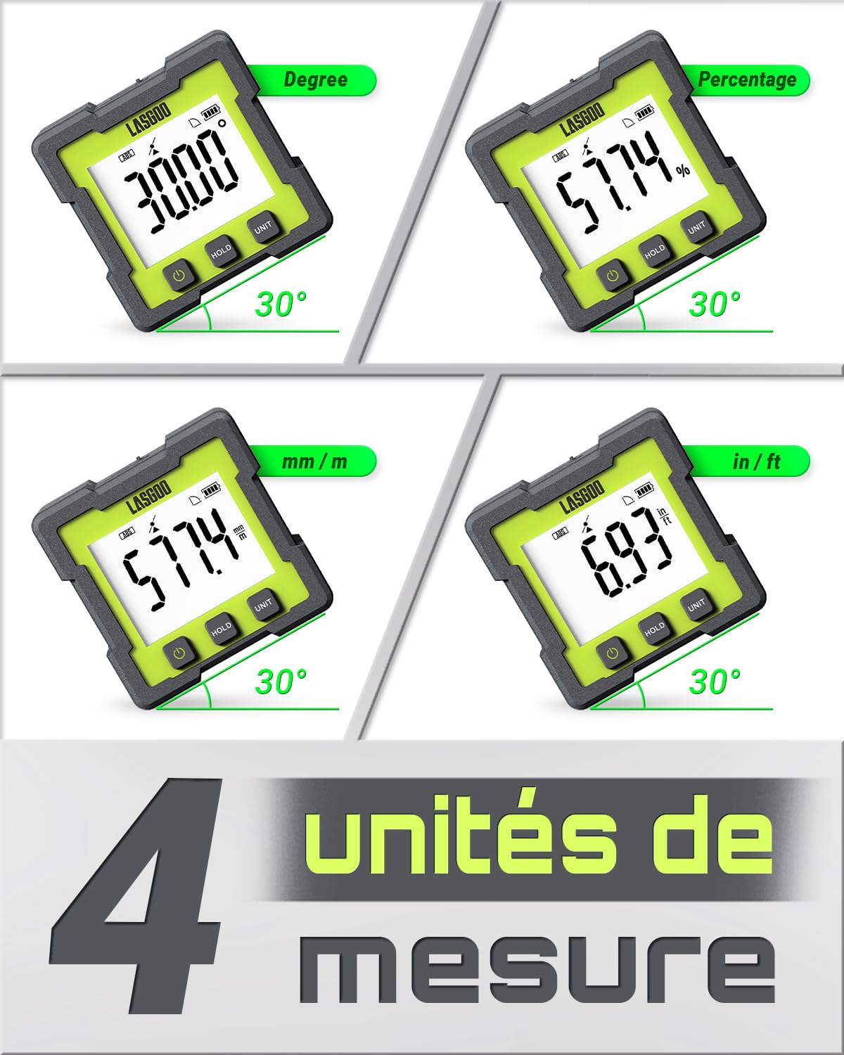 LASGOO Mesureur d'angle numérique, Inclinomètre magnétique rechargeable avec écran LCD, 4 unités de mesure pour la menuiserie, le bâtiment, la maçonnerie et l'automobile
