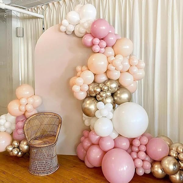 Palloncini Rosa, 62 Pezzi Palloncini Compleanno Retro Rosa Bianco Beige, Palloncino Champagne Oro Bianca Beige Pink con Oro Metallico per Compleanno Battesimo Bimba Comunione Festa della Mamma - 4