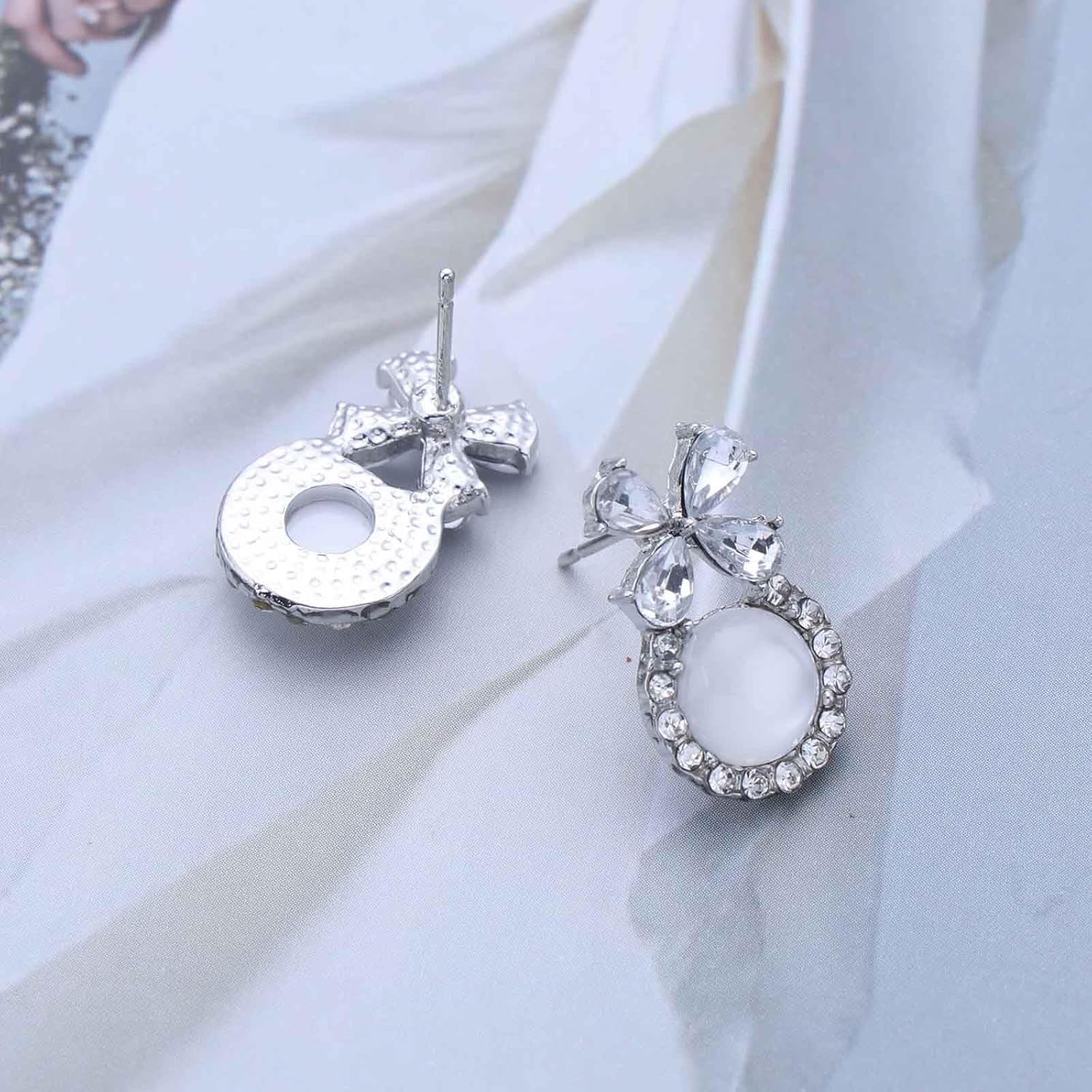 Vintage Round Moonstone Drop Earrings Silver Rhinestone Bow Stud Earrings Crystal Opal Dangle Earring Sparkly Halo Moonstone Earring Jewelry for Women - Image 6