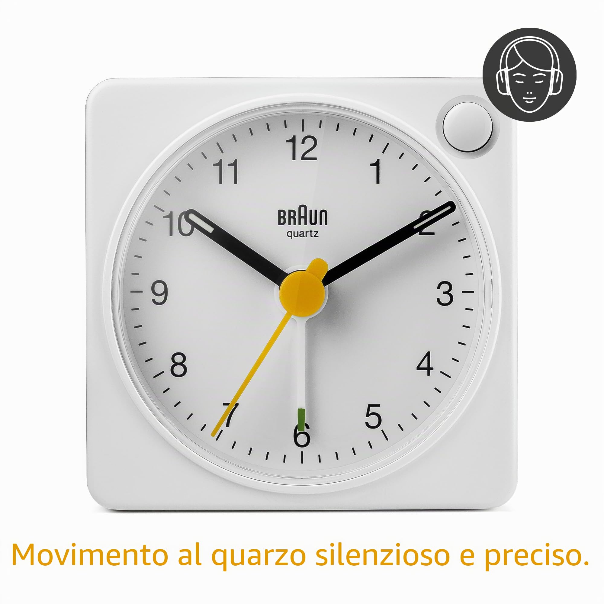 Braun Orologio Sveglia Analogico Classico viaggio con Funzione Snooze e Luce, dimensioni ridotte, Movimento al Quarzo silenzioso, Suono Sveglia Beep con crescendo, colore bianco, modello BC02XW.