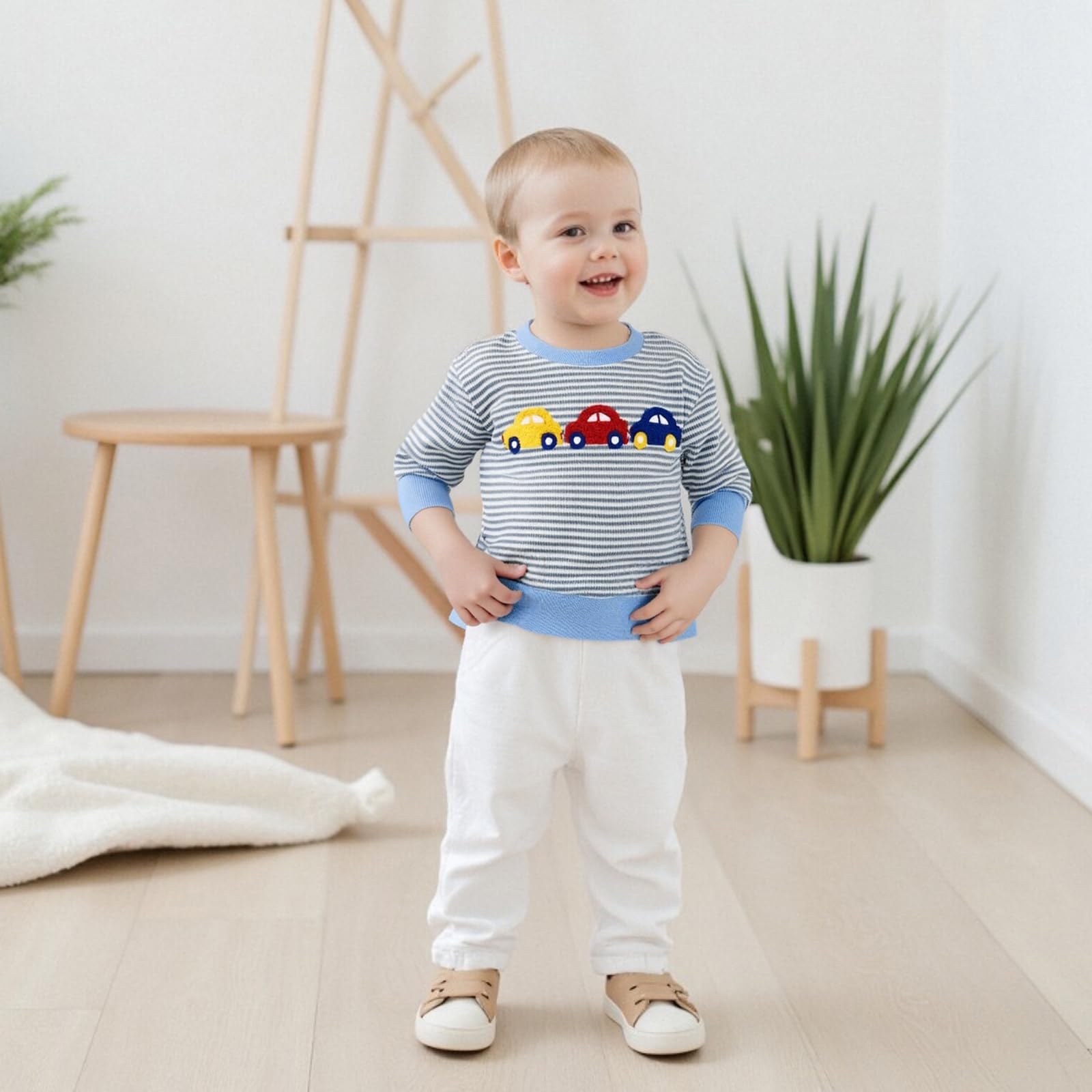 Yccutest Infant Boy Pullover Crewneck Sweatshirt Toddler Boy Car Dinosaur Top Baby Boy Blue Sweater Shirt Kids Fall Clothes (Blue Car, 18-24 Months)