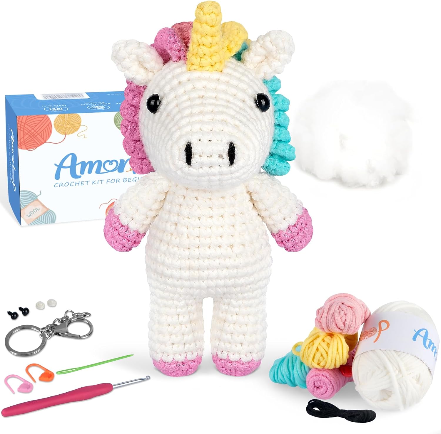Amorloop Crochet Kit for Beginners – Easy-to-See Stitches Yarn, Pre-Started Piece, and Step-by-Step Video Tutorials | Starter Crochet Set with Cute Animal Pattern – Original Handmade Unicorn Pattern