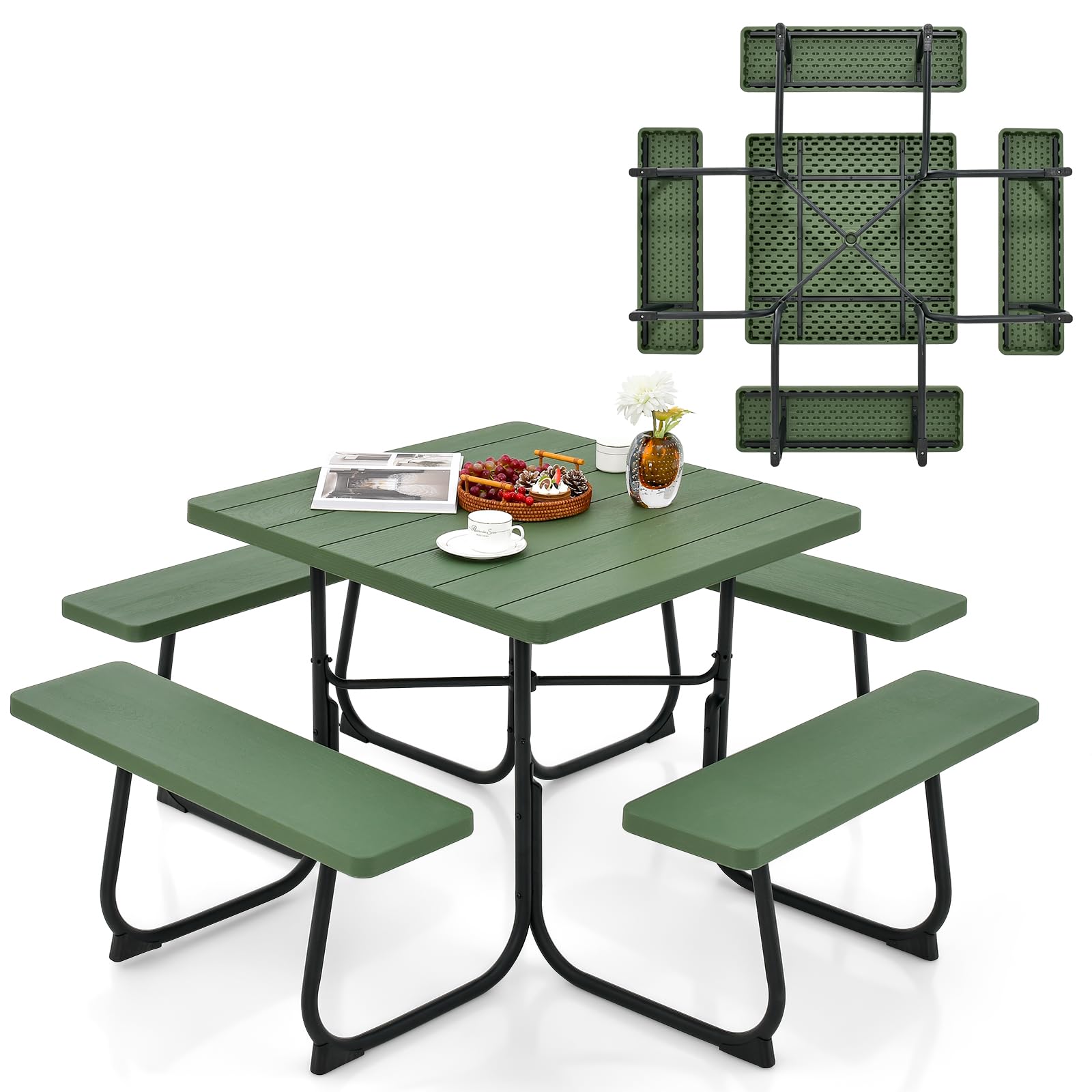 KOMFOTTEU Set Tenda da Birra, Tavolo con 4 Panche da Birra per 8 Persone, Set di Mobili da Giardino con Foro per Ombrellone, Set Tendone da Campeggio in HDPE, Telaio in Metallo (Verde)