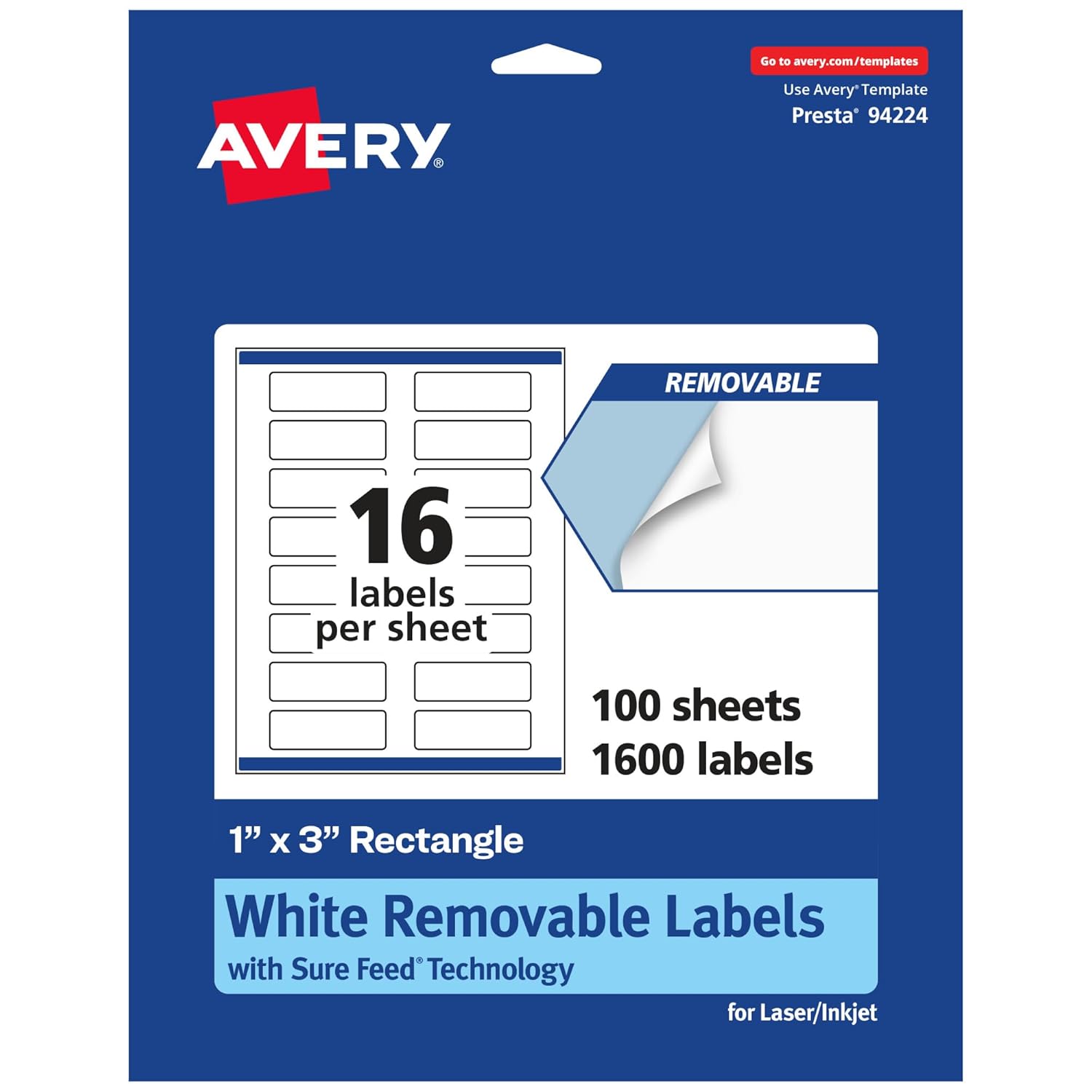 Avery Matte White Removable Rectangle Labels, Sure Feed Technology, Print-to-The-Edge, 1" x 3", 1,600 Removable Labels, Laser/Inkjet Printable