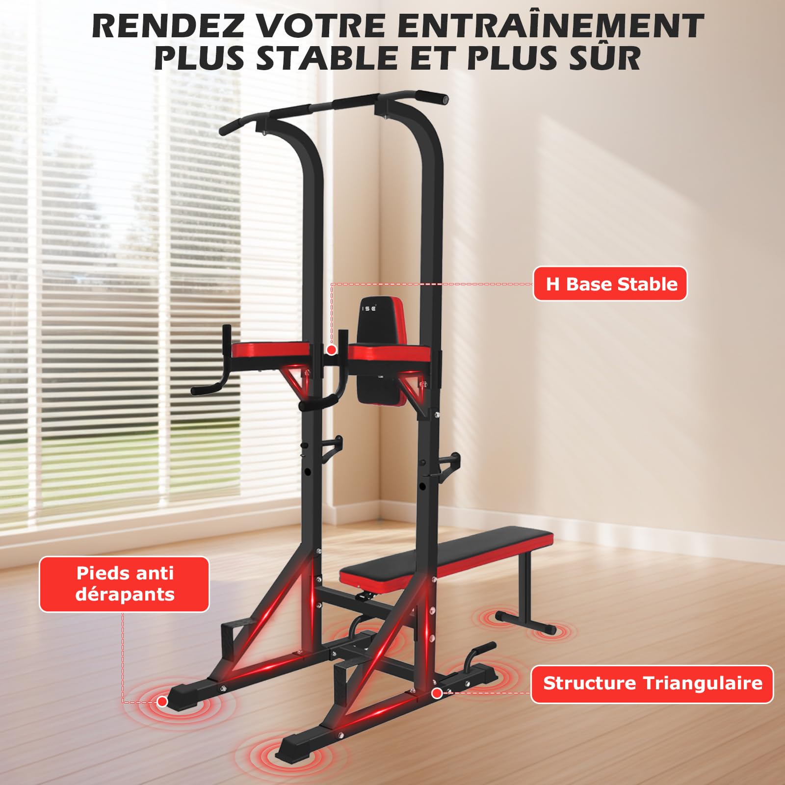ISE Chaise Romaine Multifonction Barre de Traction Station avec Banc de Musculation pour Dips, Pompes, Développé-Couchés, Station Musculation, Chaises Romaine Complet Rouge/Noir 107x66x224CM