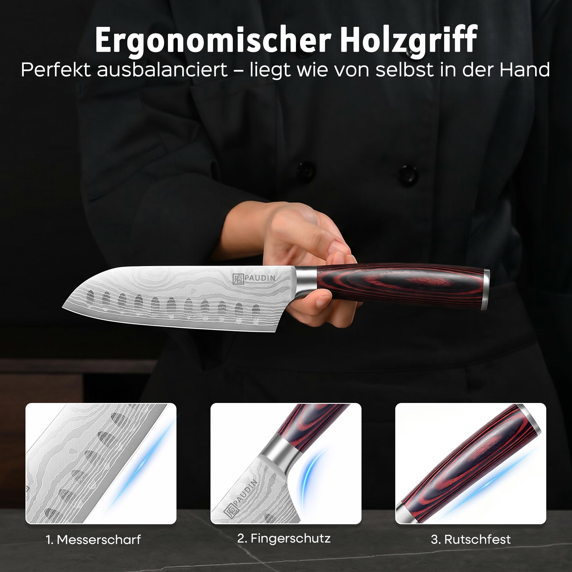 PAUDIN Coltello Santoku da 13 cm, coltello da cucina giapponese in acciaio inossidabile ad alto tenore di carbonio, ergonomico e versatile per carne, verdura e frutta