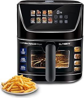 KENT Ultra Digital Air Fryer 5L | 1500W | Bake, Grill & Roast | Up to 80% Less Oil Usage |8 Preset Menu|Rapid Heat Circulation |Digital Display & Touch Control Panel |Glass Window with in built Light