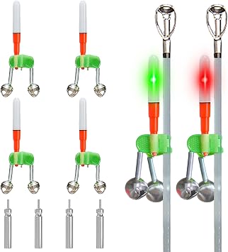 LED Night Fishing Rod Bait Flashing Alarm Bell Light with Dual Bells, Battery Included, Fishing Bite Indicator Fishing Strike Alert LED Glow Stick Bite Alarm Fishing Bells Clips with LED