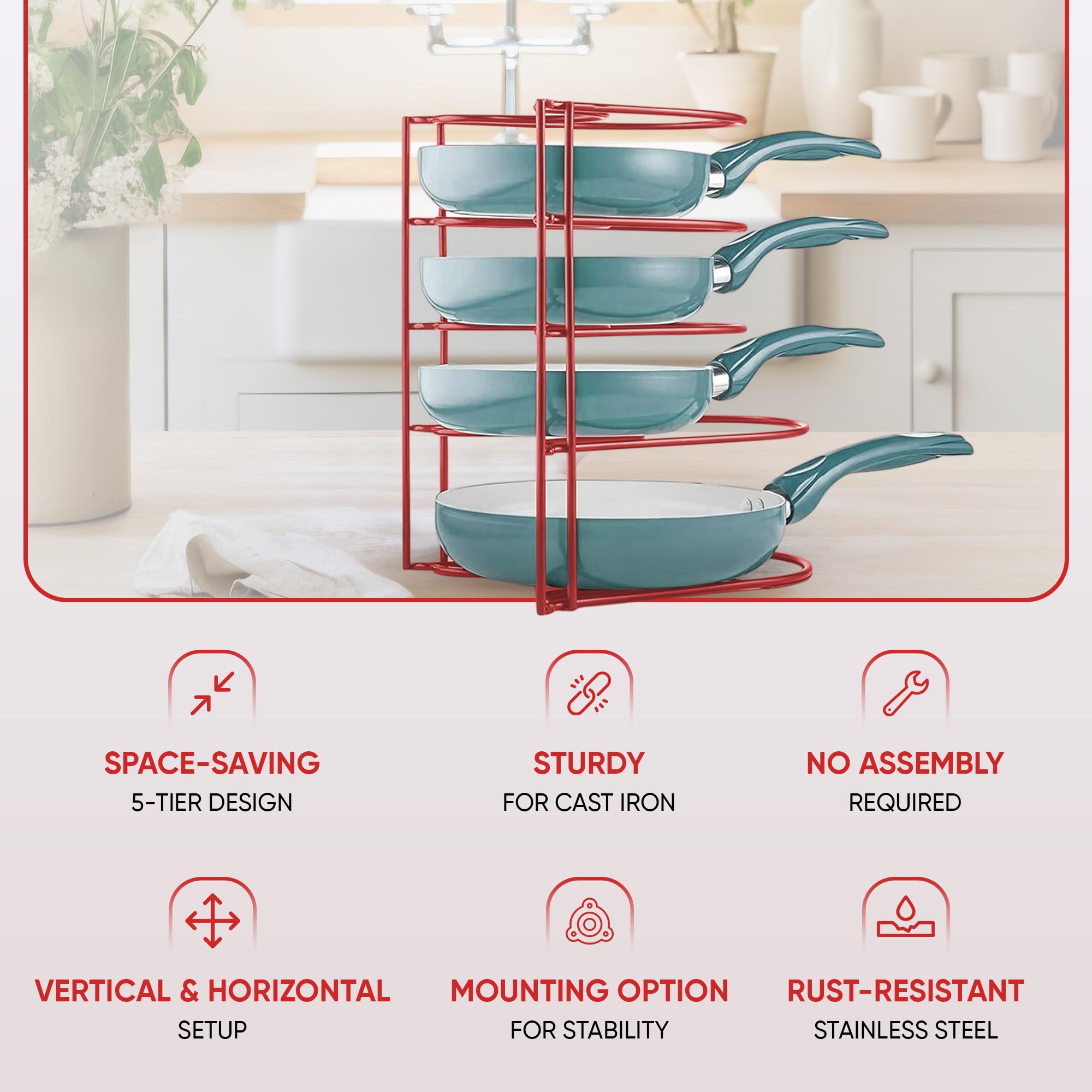 Organizador de ollas y sartenes resistente, para sartenes de hierro fundido, ollas, sartenes, tapas, estante de acero duradero de 5 niveles para encimera de cocina y almacenamiento y organización de