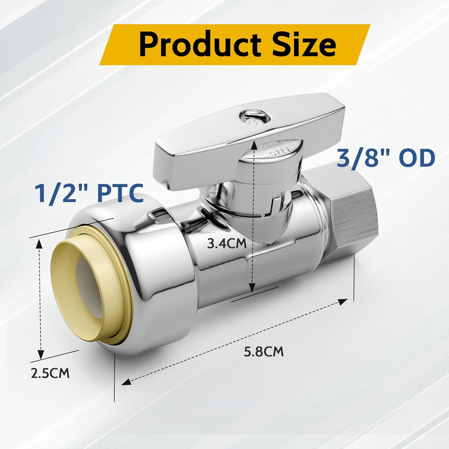 Push-Fit Straight Stop Valve 10-Pack, 1/2" Push x 3/8" OD Compression, 1/4 Turn Water Shut Off, Chrome Finish,Solid Brass,for Bathroom Sink PEX Pipe,Copper,CPVC