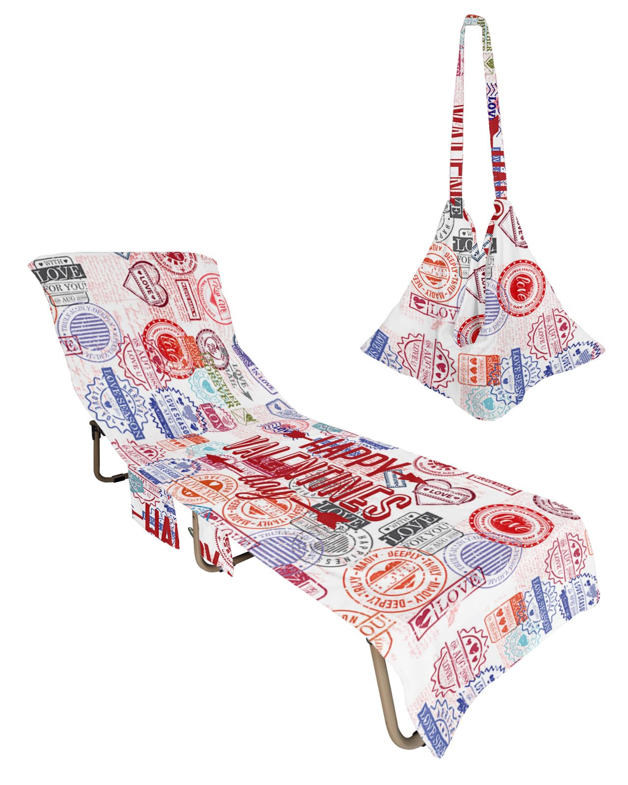 Valentine's Day Beach Lounge Chair Towel Cover, Soft Chaise Lounge Towel with Side Pockets Patio Pool Chairs Cover for Beach/Pool Sunbathing 29x85 Retro Stamps Colorful Love Heart